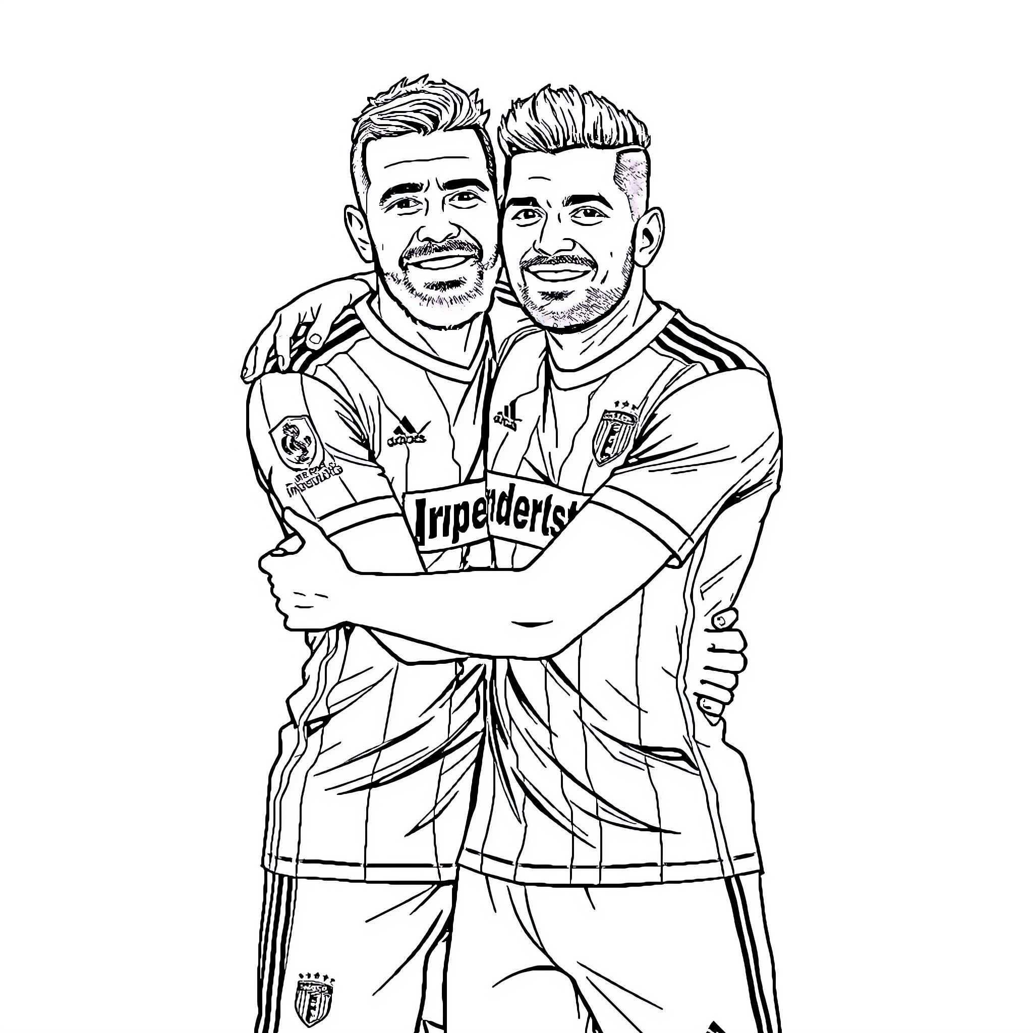 Bochini's Teammates Celebrate Victory Coloring Page (free black-and-white line drawing printable PDF for all, from beginners to advanced learners, including children, teens, adults, and seniors)