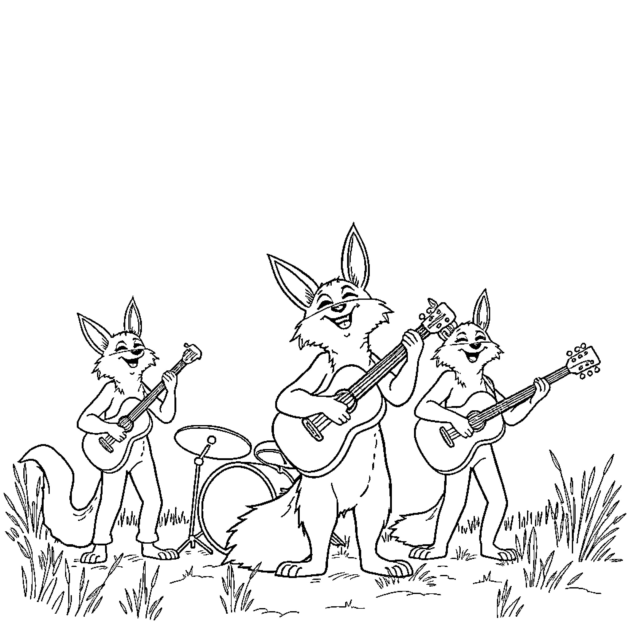 Coyote Band Performing with Musical Instruments Coloring Page (free black-and-white line drawing printable PDF for all, from beginners to advanced learners, including children, teens, adults, and seniors)