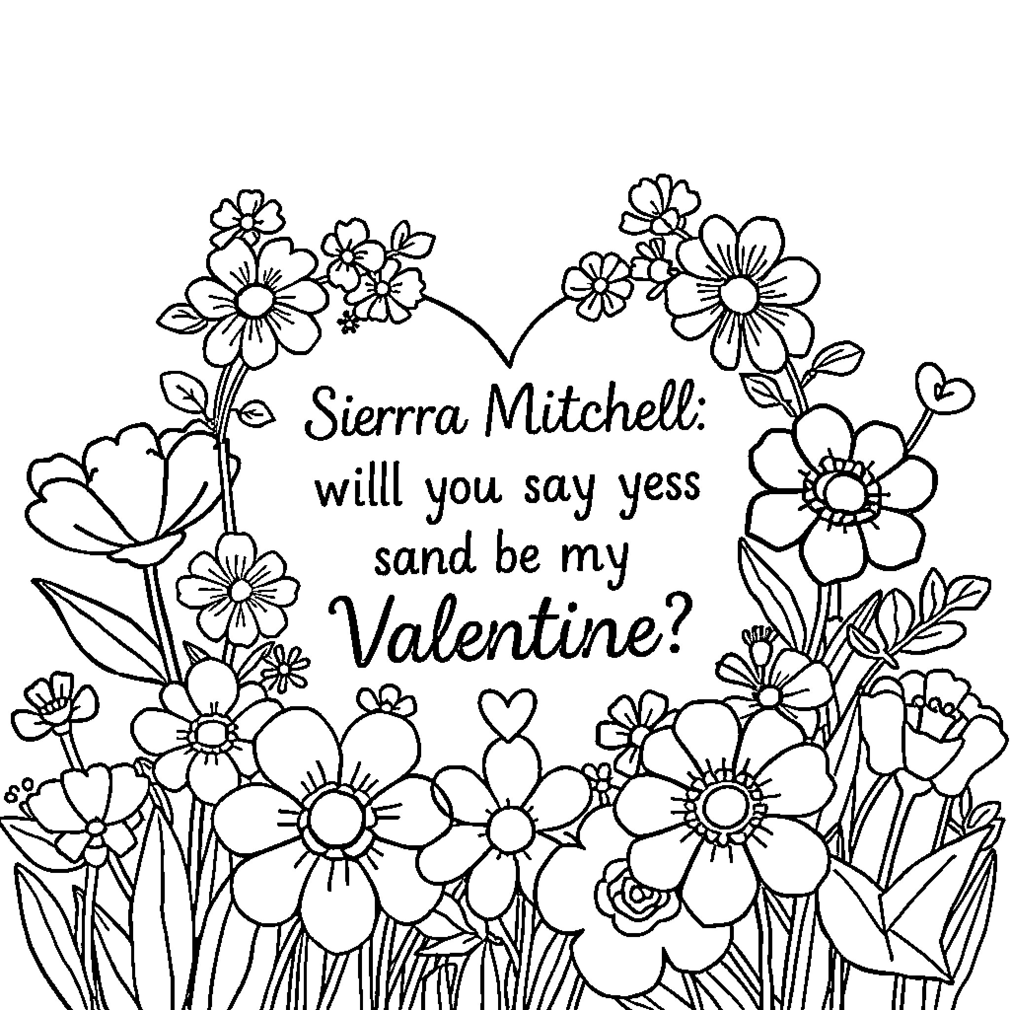 Flower-filled message of love and affection Coloring Page (free black-and-white line drawing printable PDF for all, from beginners to advanced learners, including children, teens, adults, and seniors)