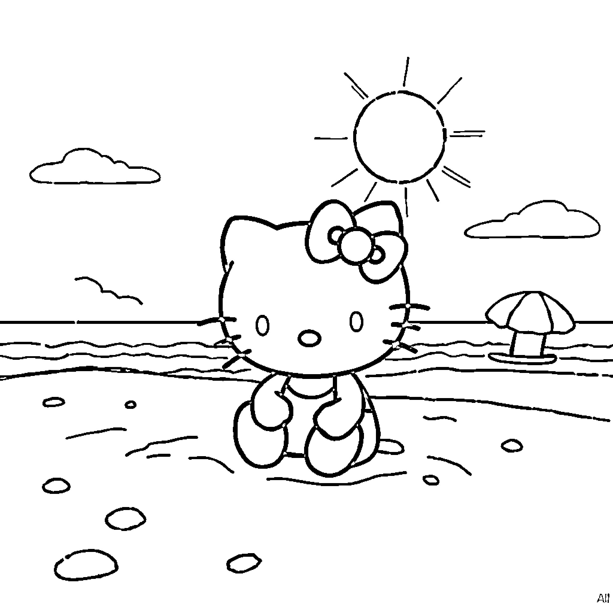 Hello Kitty enjoying a sunny day at the beach Coloring Page (free black-and-white line drawing printable PDF for all, from beginners to advanced learners, including children, teens, adults, and seniors)