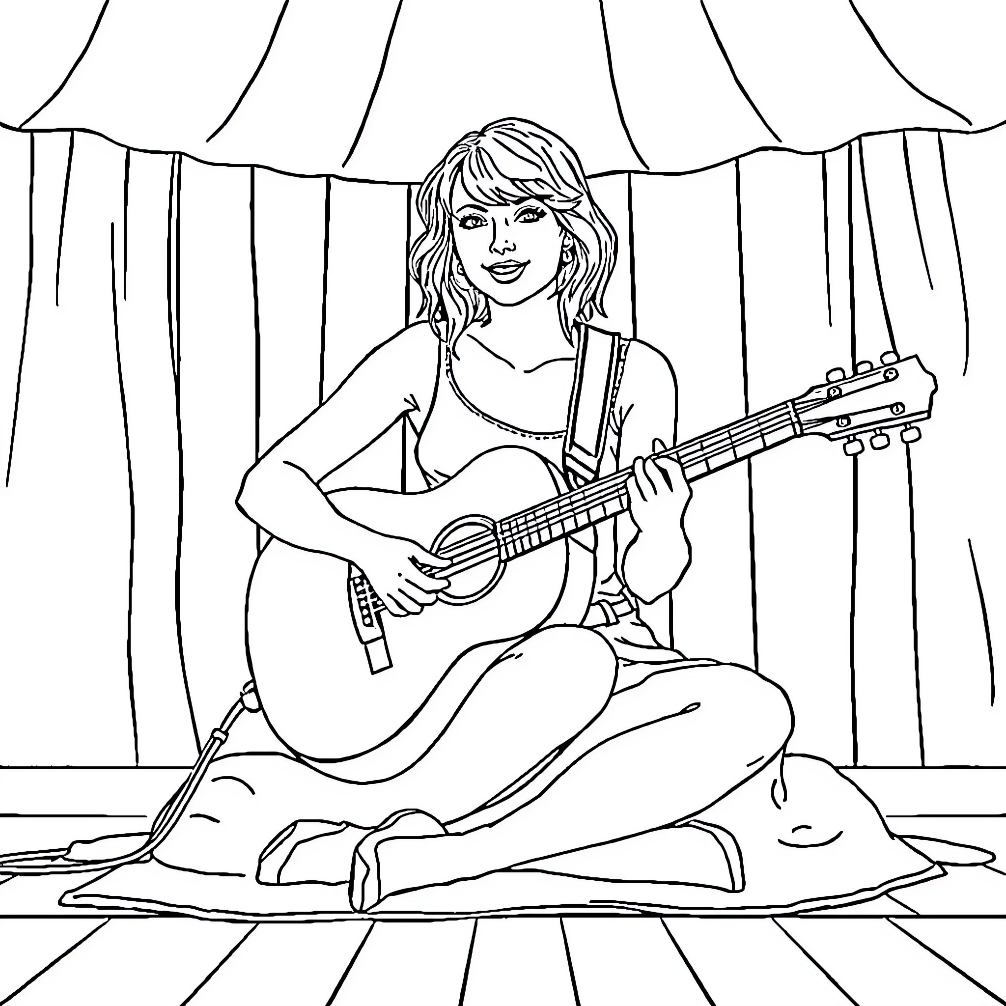 Taylor Swift performing on stage with guitar Coloring Page (free black-and-white line drawing printable PDF for all, from beginners to advanced learners, including children, teens, adults, and seniors)
