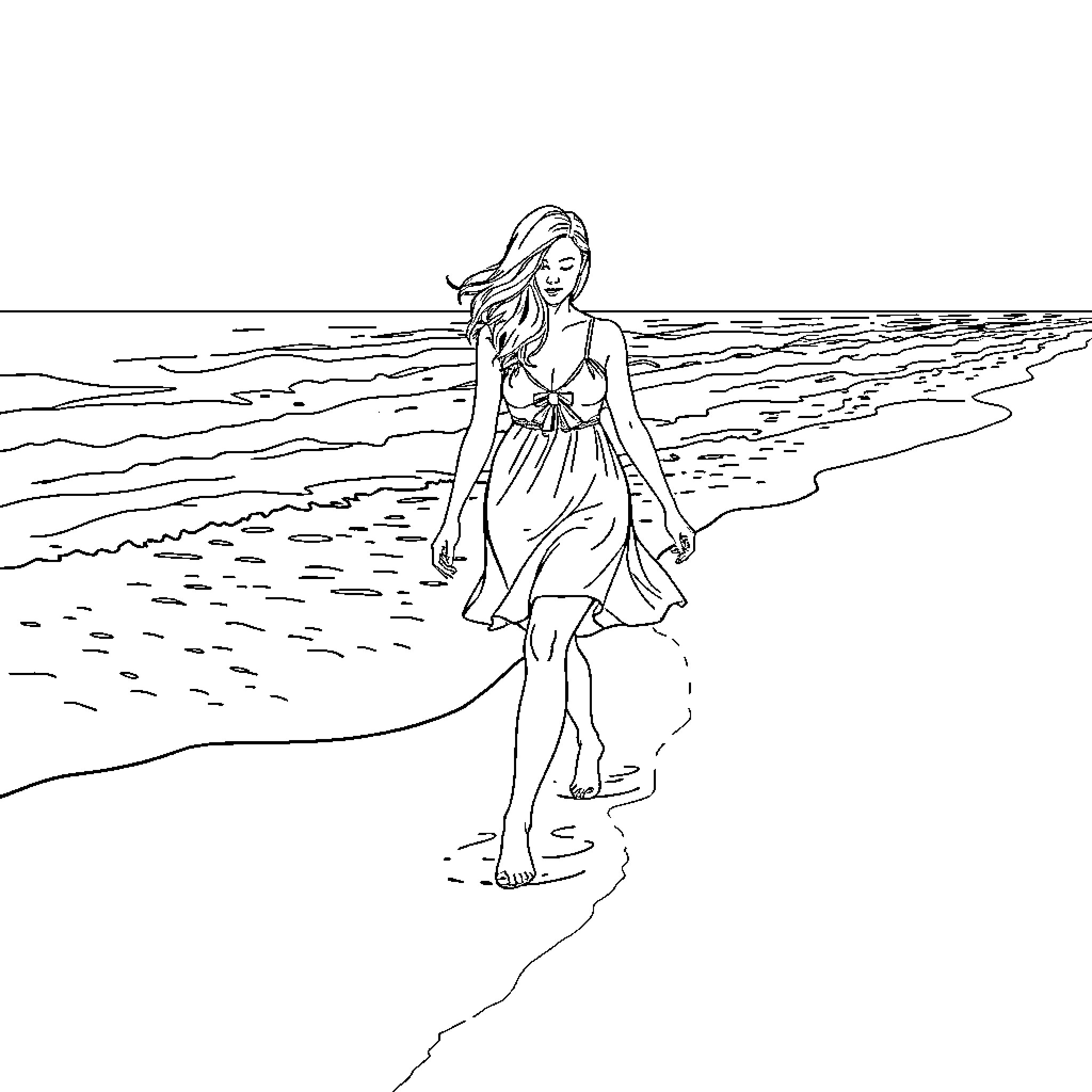 Lady Strolling Gracefully on the Beach Coloring Page (free black-and-white line drawing printable PDF for all, from beginners to advanced learners, including children, teens, adults, and seniors)