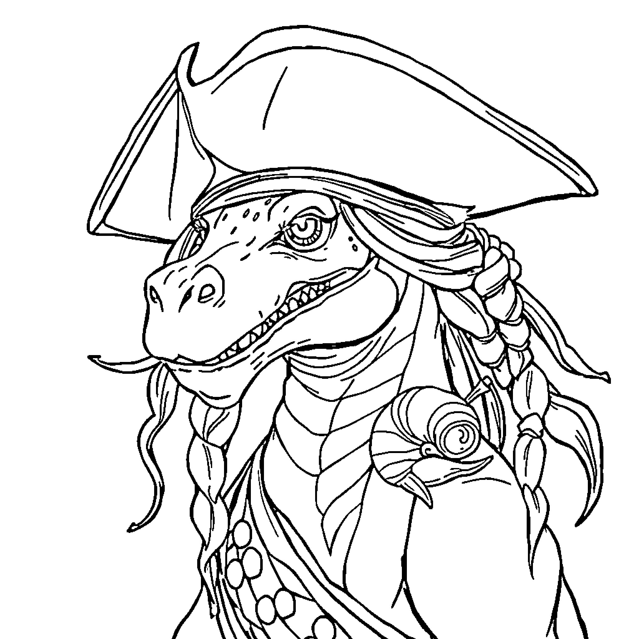 Dragon pirate with floral embellishments Coloring Page (free black-and-white line drawing printable PDF for all, from beginners to advanced learners, including children, teens, adults, and seniors)