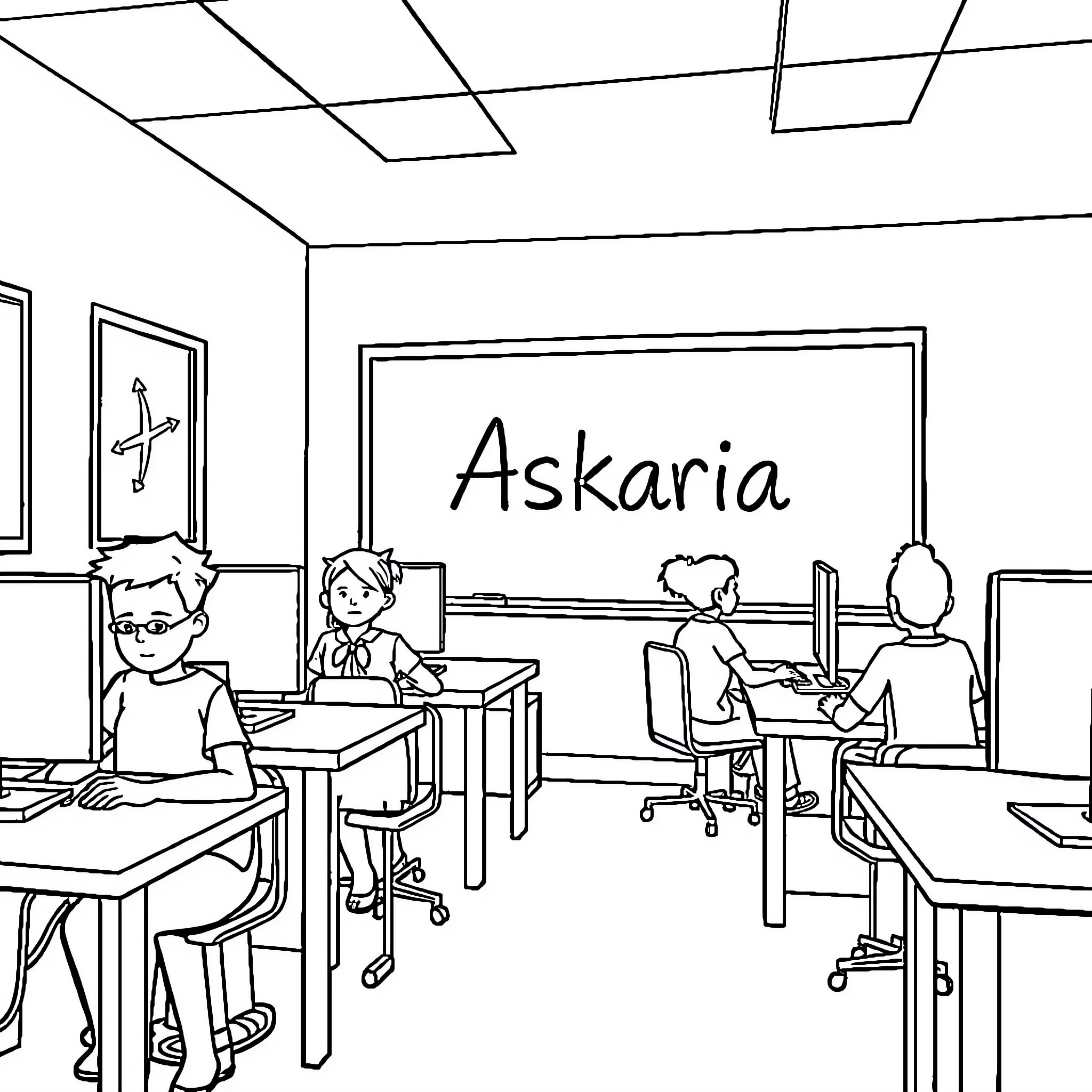 Student studying diligently in Askaria classroom Coloring Page (free black-and-white line drawing printable PDF for all, from beginners to advanced learners, including children, teens, adults, and seniors)