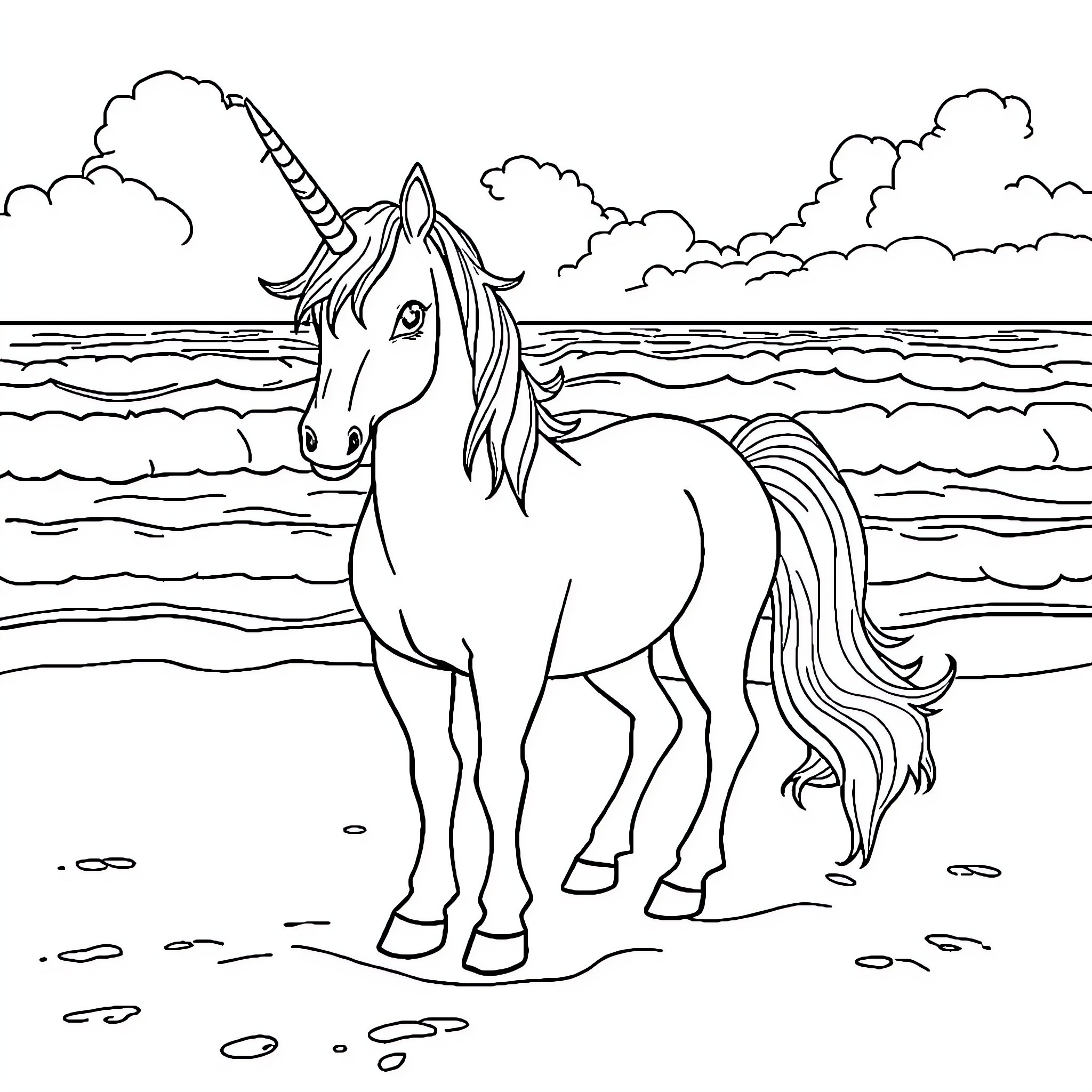 Unicorn walking along the beach Coloring Page (free black-and-white line drawing printable PDF for all, from beginners to advanced learners, including children, teens, adults, and seniors)