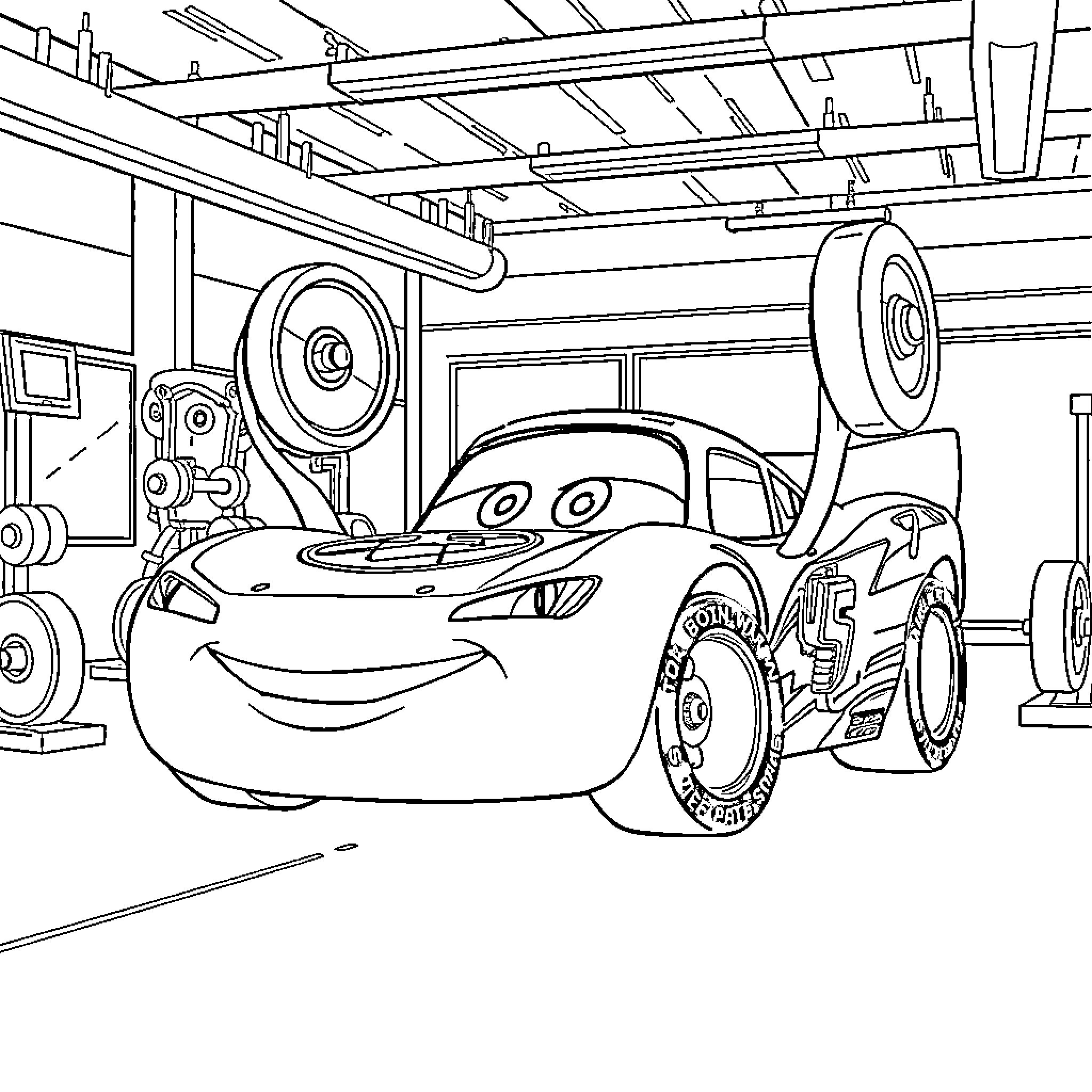Rayo McQueen in a Garage Workshop Coloring Page (free black-and-white line drawing printable PDF for all, from beginners to advanced learners, including children, teens, adults, and seniors)