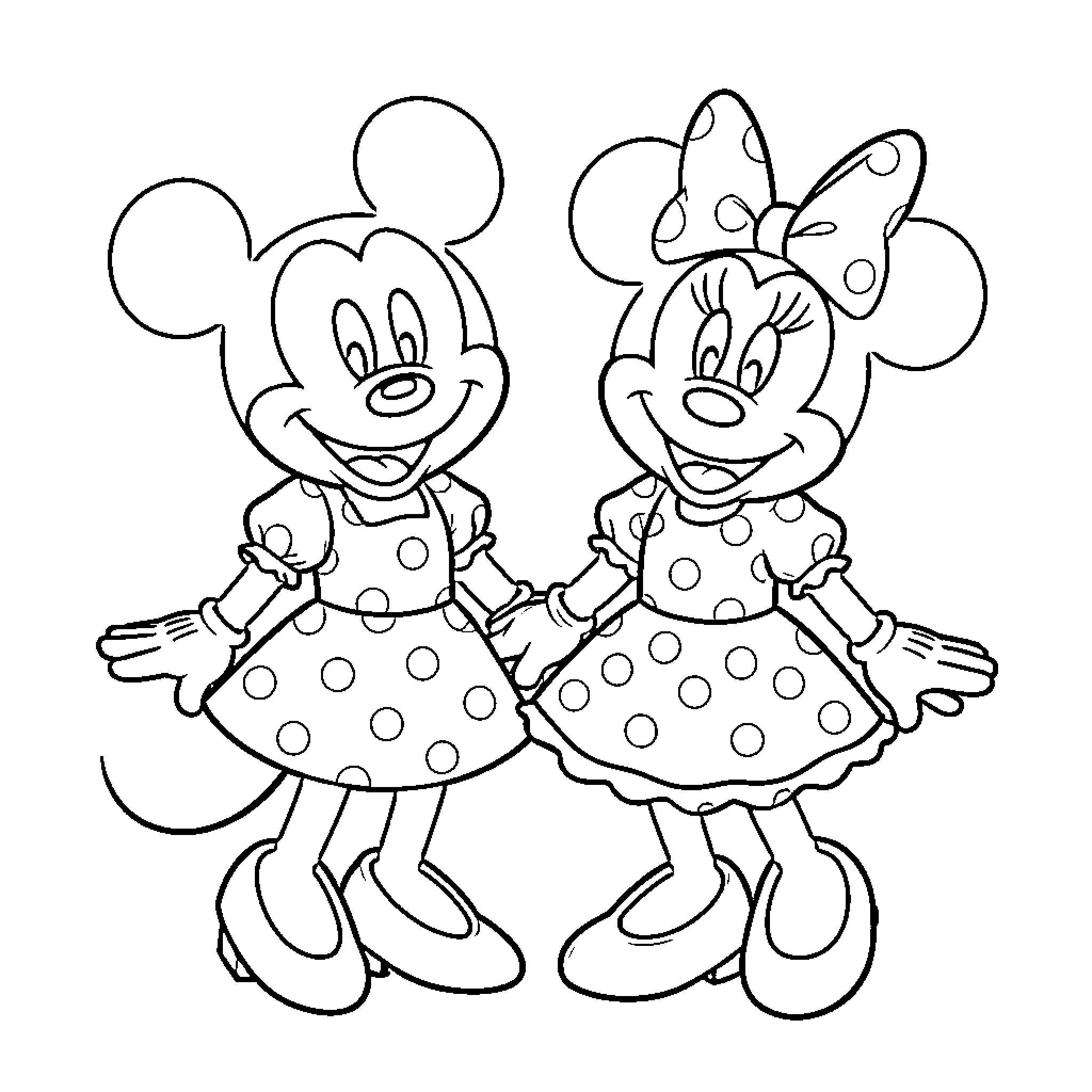 Mickey Mouse and Minnie Mouse in Polka Dot Dresses Coloring Page (free black-and-white line drawing printable PDF for all, from beginners to advanced learners, including children, teens, adults, and seniors)