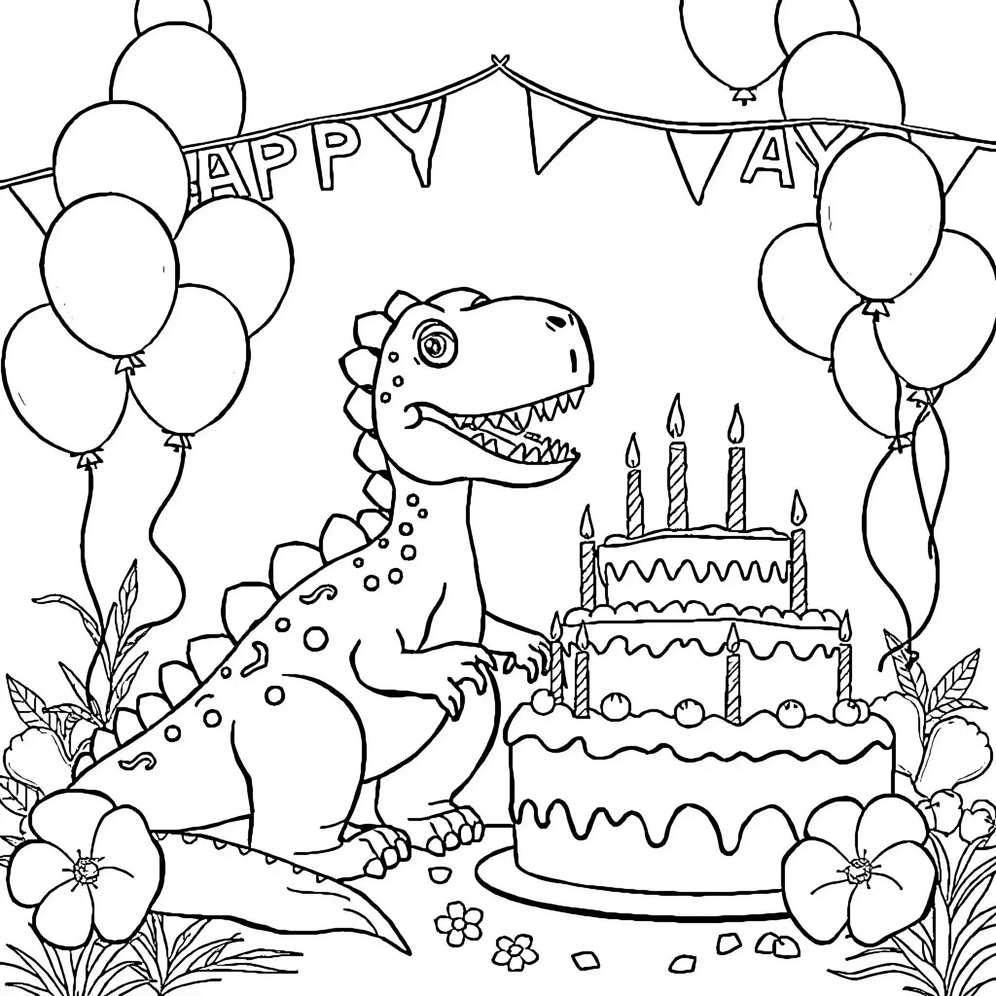 Dinosaur celebrating birthday party with cake and balloons Coloring Page (free black-and-white line drawing printable PDF for all, from beginners to advanced learners, including children, teens, adults, and seniors)