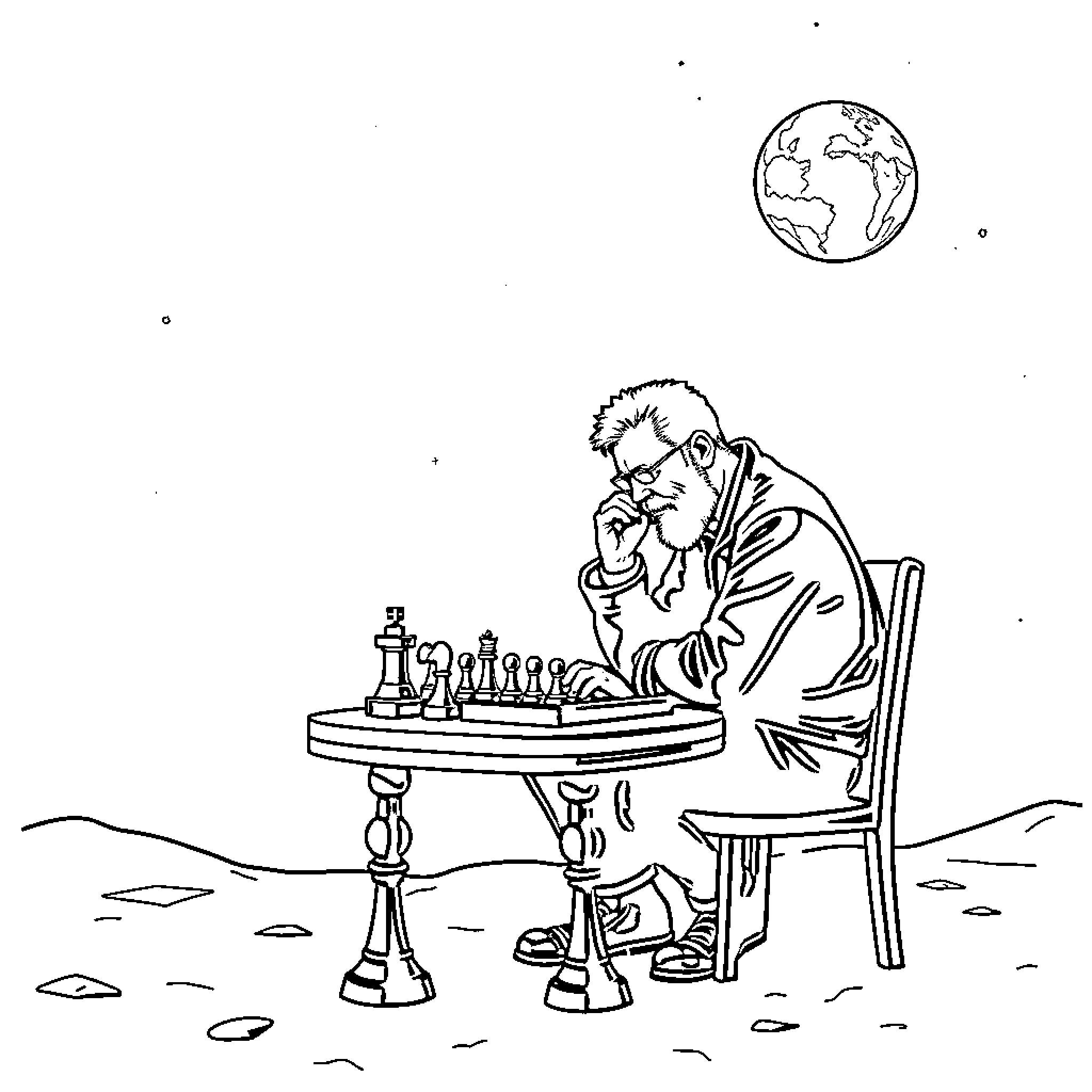Don Mattingly plays chess beneath the night sky Coloring Page (free black-and-white line drawing printable PDF for all, from beginners to advanced learners, including children, teens, adults, and seniors)