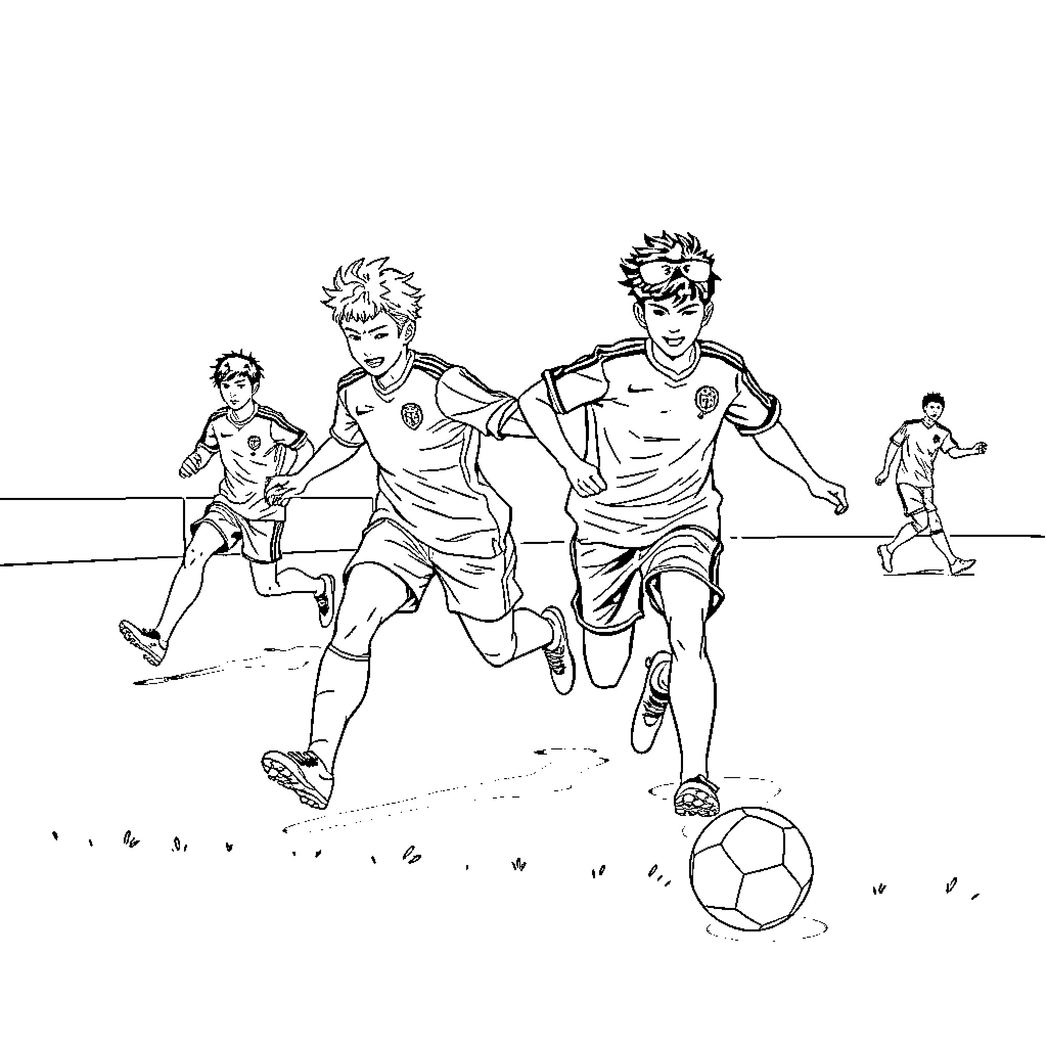 Haikyuu Players Competing on the Soccer Field Coloring Page (free black-and-white line drawing printable PDF for all, from beginners to advanced learners, including children, teens, adults, and seniors)