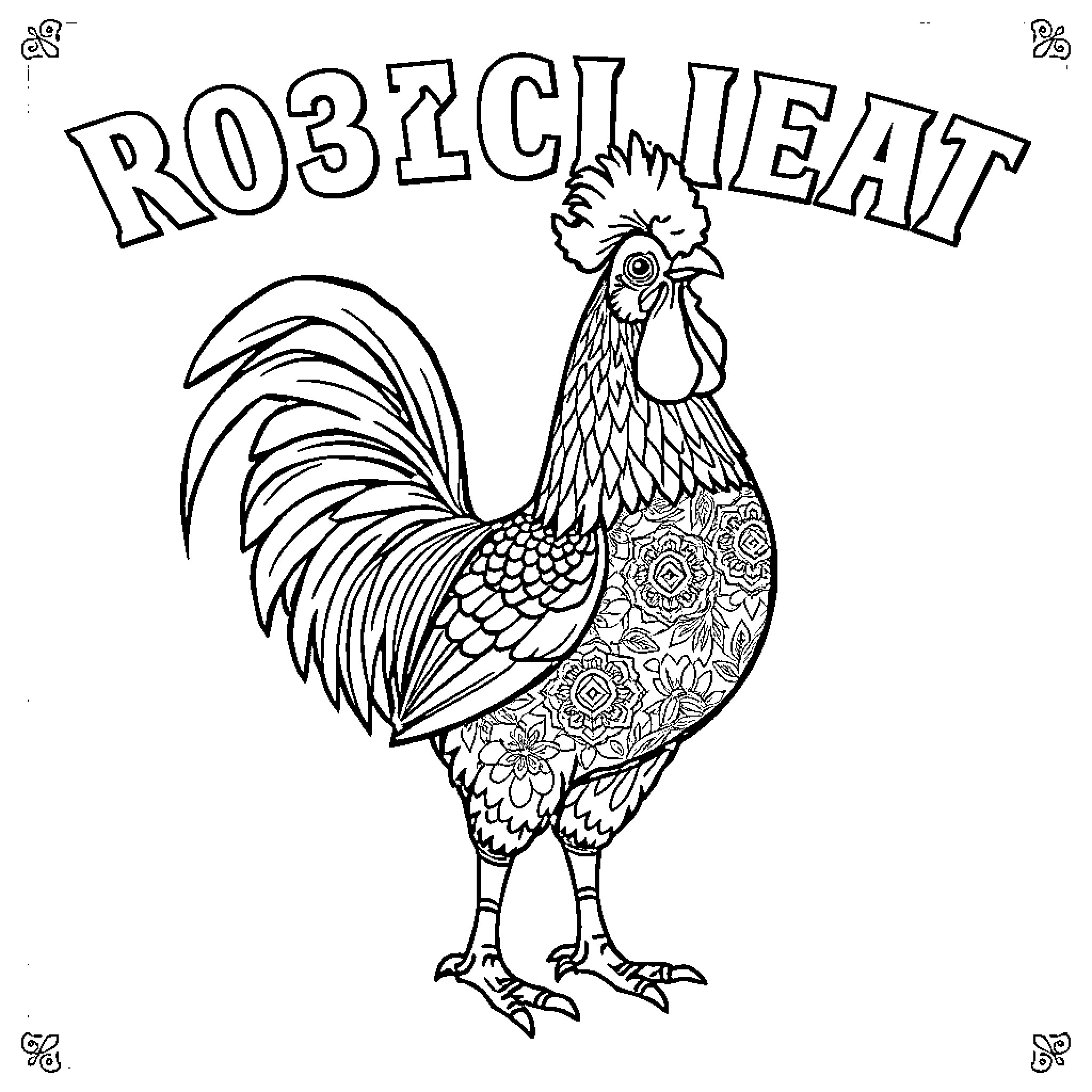 Chicken with intricate floral patterns and text Coloring Page (free black-and-white line drawing printable PDF for all, from beginners to advanced learners, including children, teens, adults, and seniors)