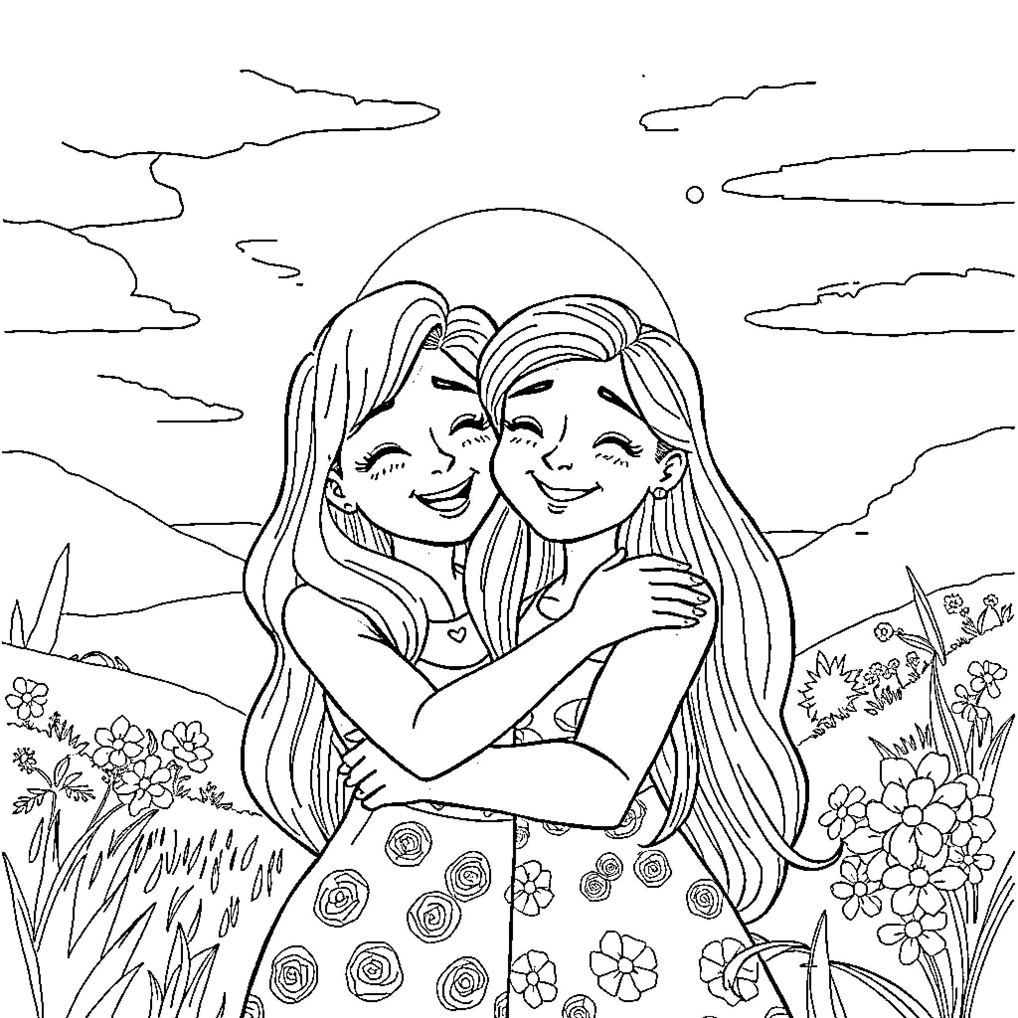 Zoey's Joyful Embrace in the Vibrant Garden Coloring Page (free black-and-white line drawing printable PDF for all, from beginners to advanced learners, including children, teens, adults, and seniors)