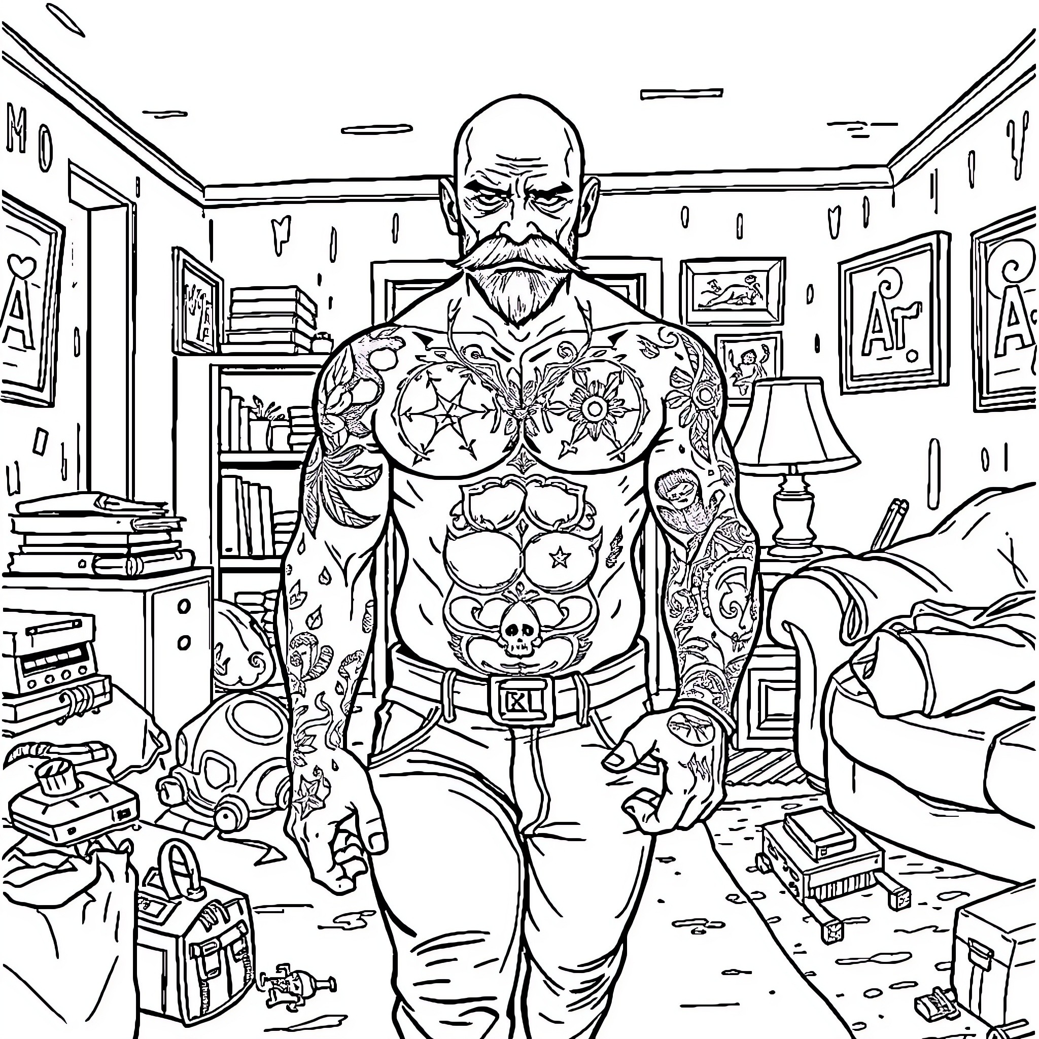 Man with tattoos and muscular build in messy room Coloring Page (free black-and-white line drawing printable PDF for all, from beginners to advanced learners, including children, teens, adults, and seniors)