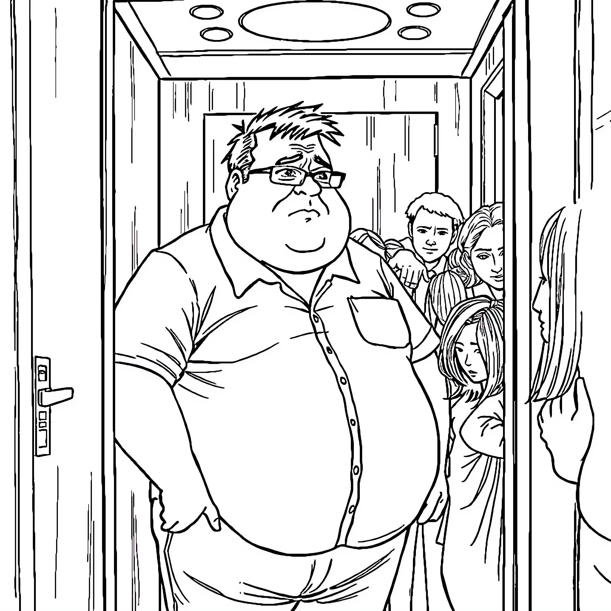 Man standing in a crowded elevator Coloring Page (free black-and-white line drawing printable PDF for all, from beginners to advanced learners, including children, teens, adults, and seniors)