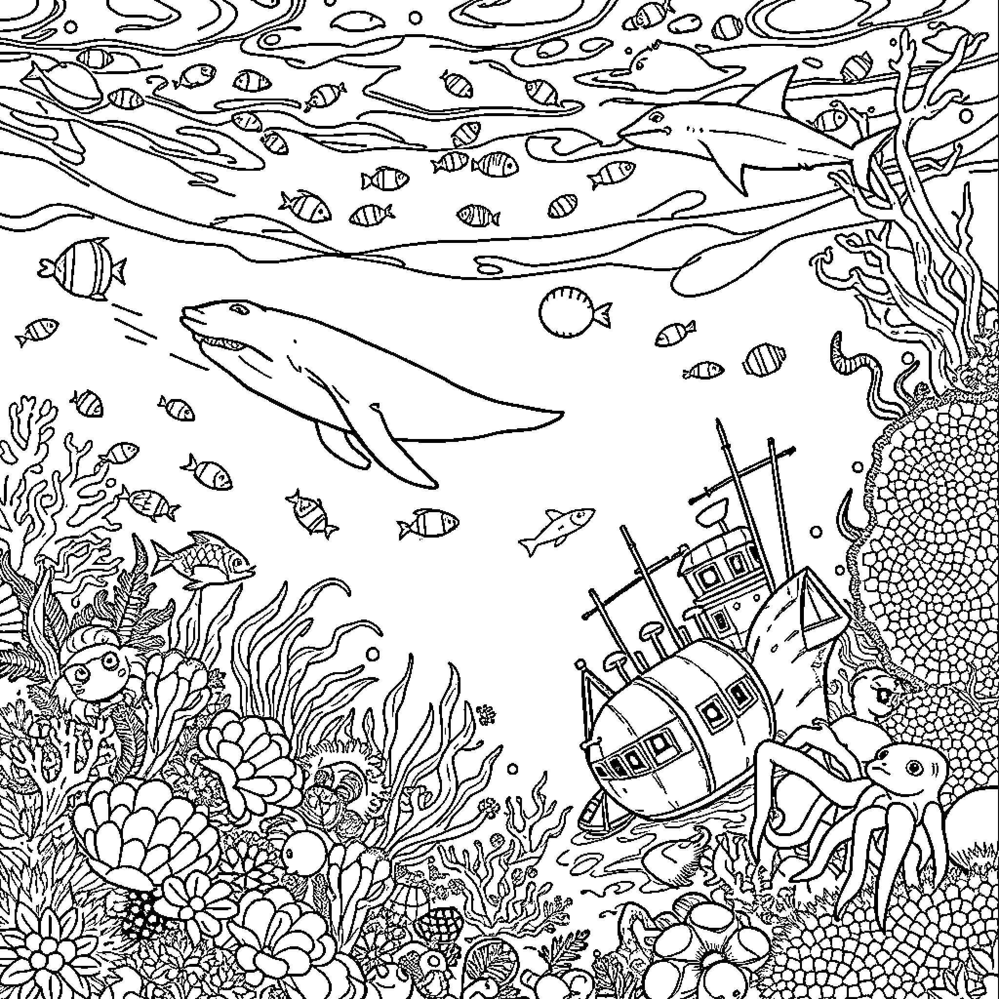 Underwater Exploration and Aquatic Life Coloring Page (free black-and-white line drawing printable PDF for all, from beginners to advanced learners, including children, teens, adults, and seniors)