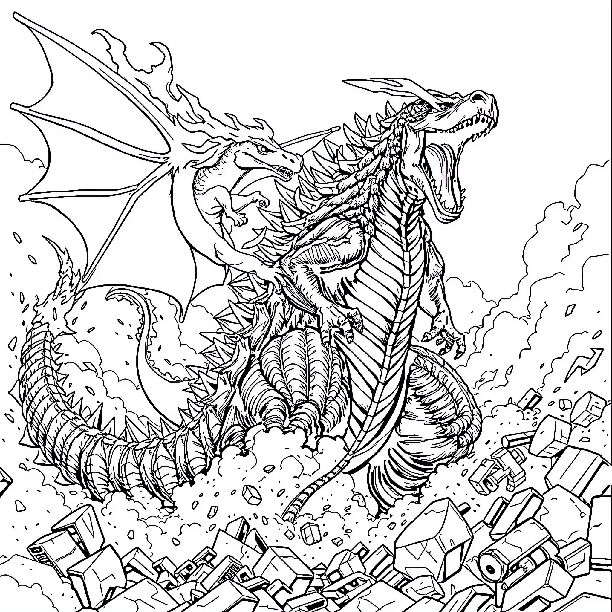 Godzilla destroying city with fire-breathing rage Coloring Page (free black-and-white line drawing printable PDF for all, from beginners to advanced learners, including children, teens, adults, and seniors)