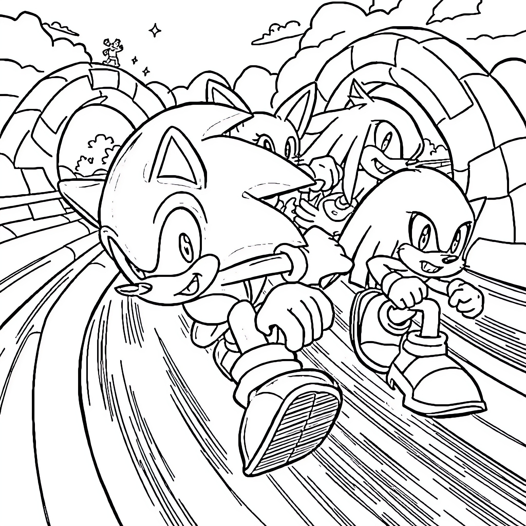 Sonic and friends racing through a colorful landscape Coloring Page (free black-and-white line drawing printable PDF for all, from beginners to advanced learners, including children, teens, adults, and seniors)
