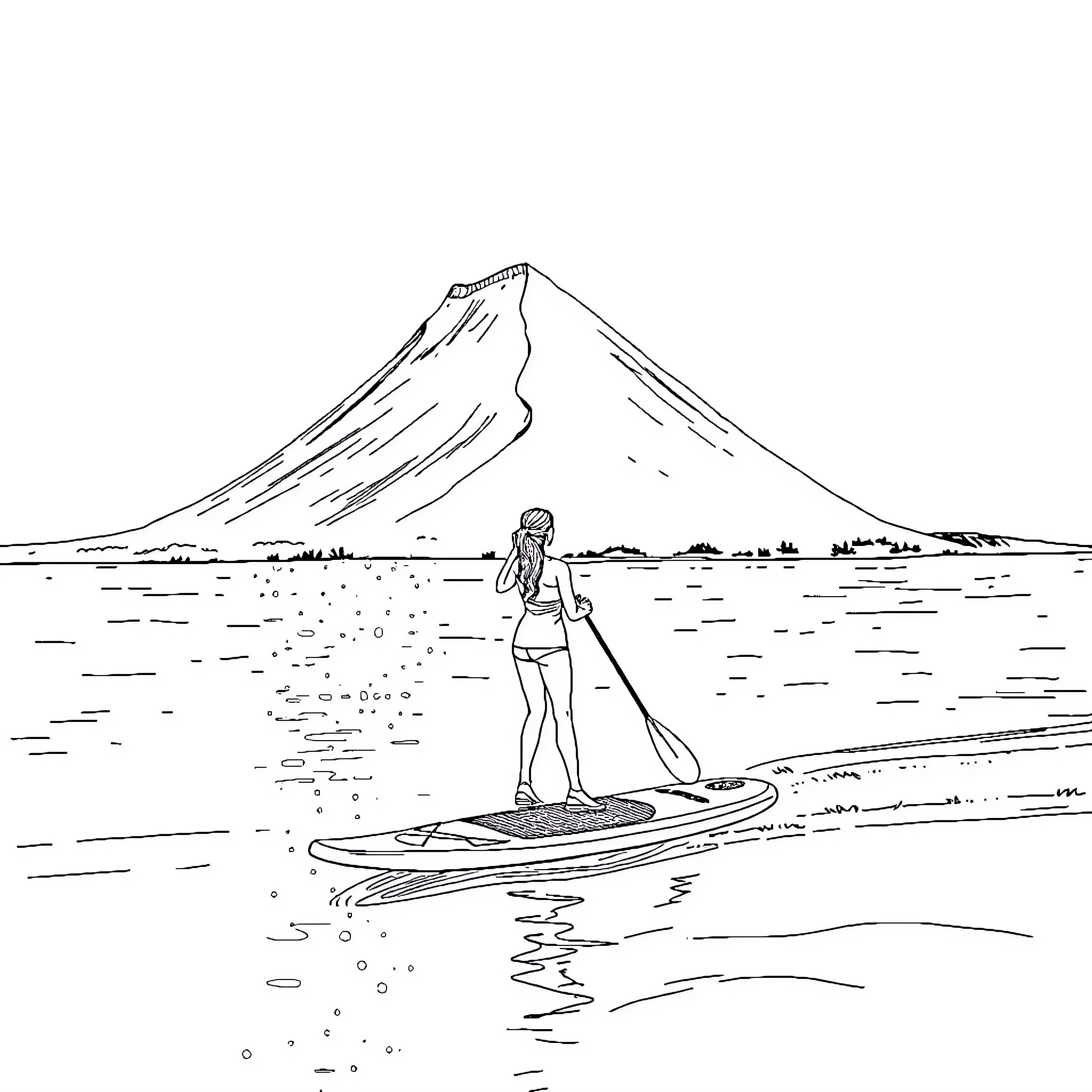 Lady paddleboarding on serene lake with mountain backdrop Coloring Page (free black-and-white line drawing printable PDF for all, from beginners to advanced learners, including children, teens, adults, and seniors)