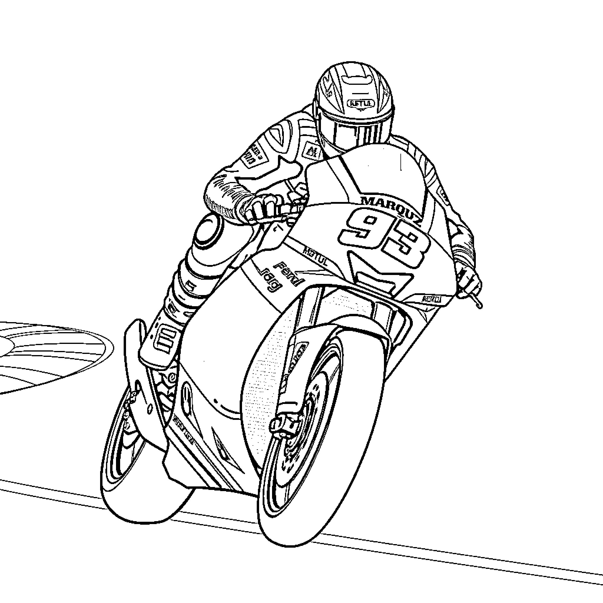 Marc Marquez riding a high-speed motorcycle Coloring Page (free black-and-white line drawing printable PDF for all, from beginners to advanced learners, including children, teens, adults, and seniors)