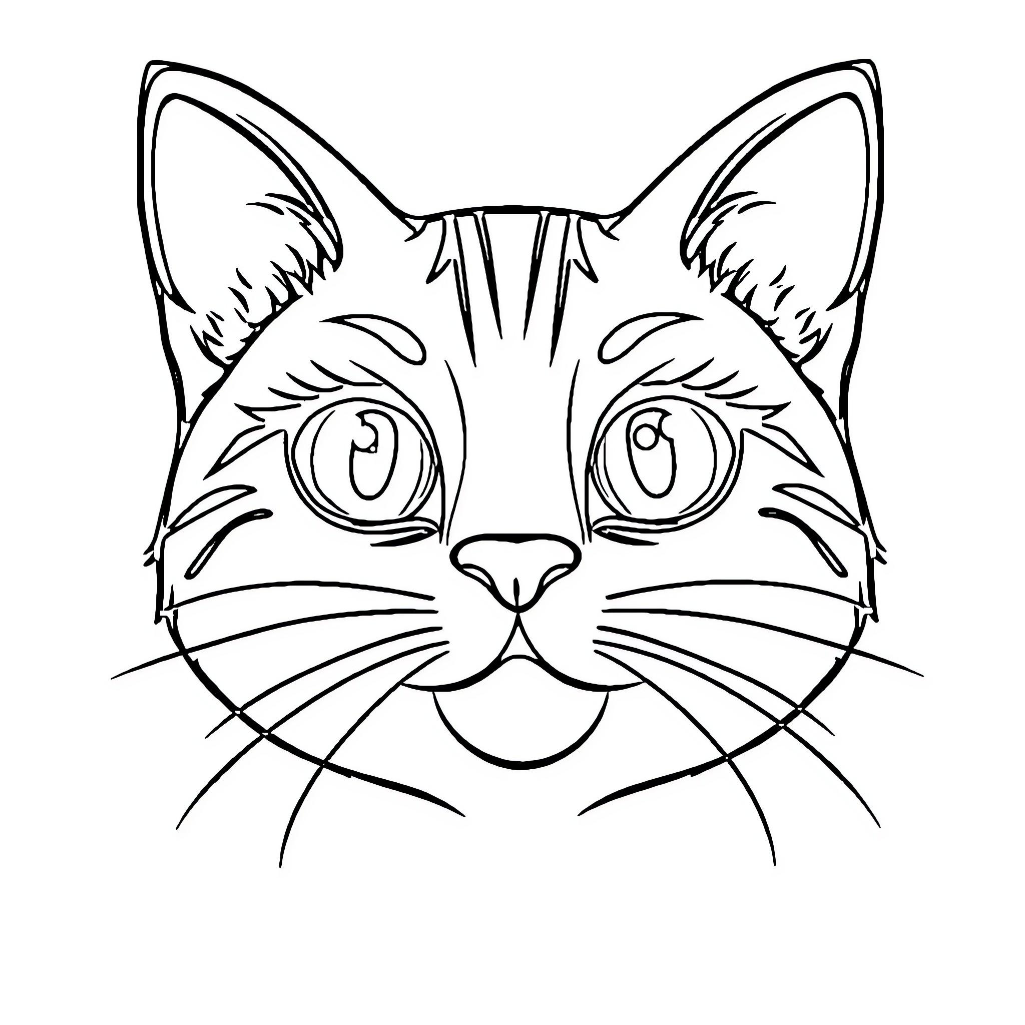 Cat with Expressive Eyes and Whiskers Coloring Page (free black-and-white line drawing printable PDF for all, from beginners to advanced learners, including children, teens, adults, and seniors)