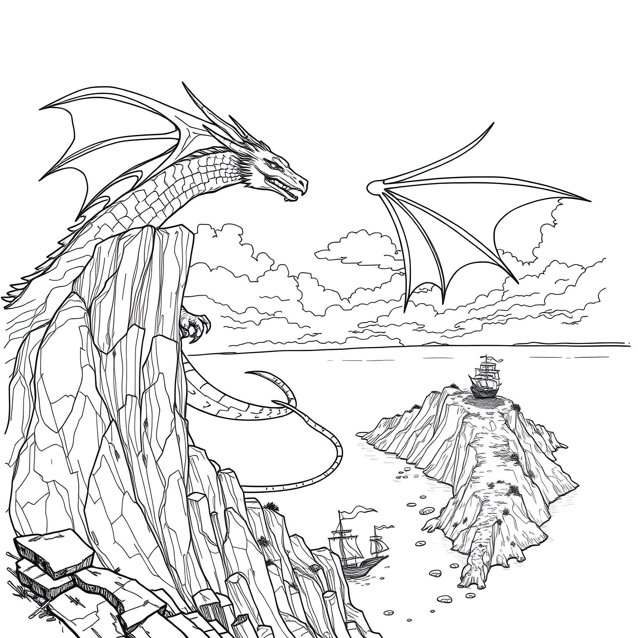 Dragon soaring over dramatic coastal landscape Coloring Page (free black-and-white line drawing printable PDF for all, from beginners to advanced learners, including children, teens, adults, and seniors)