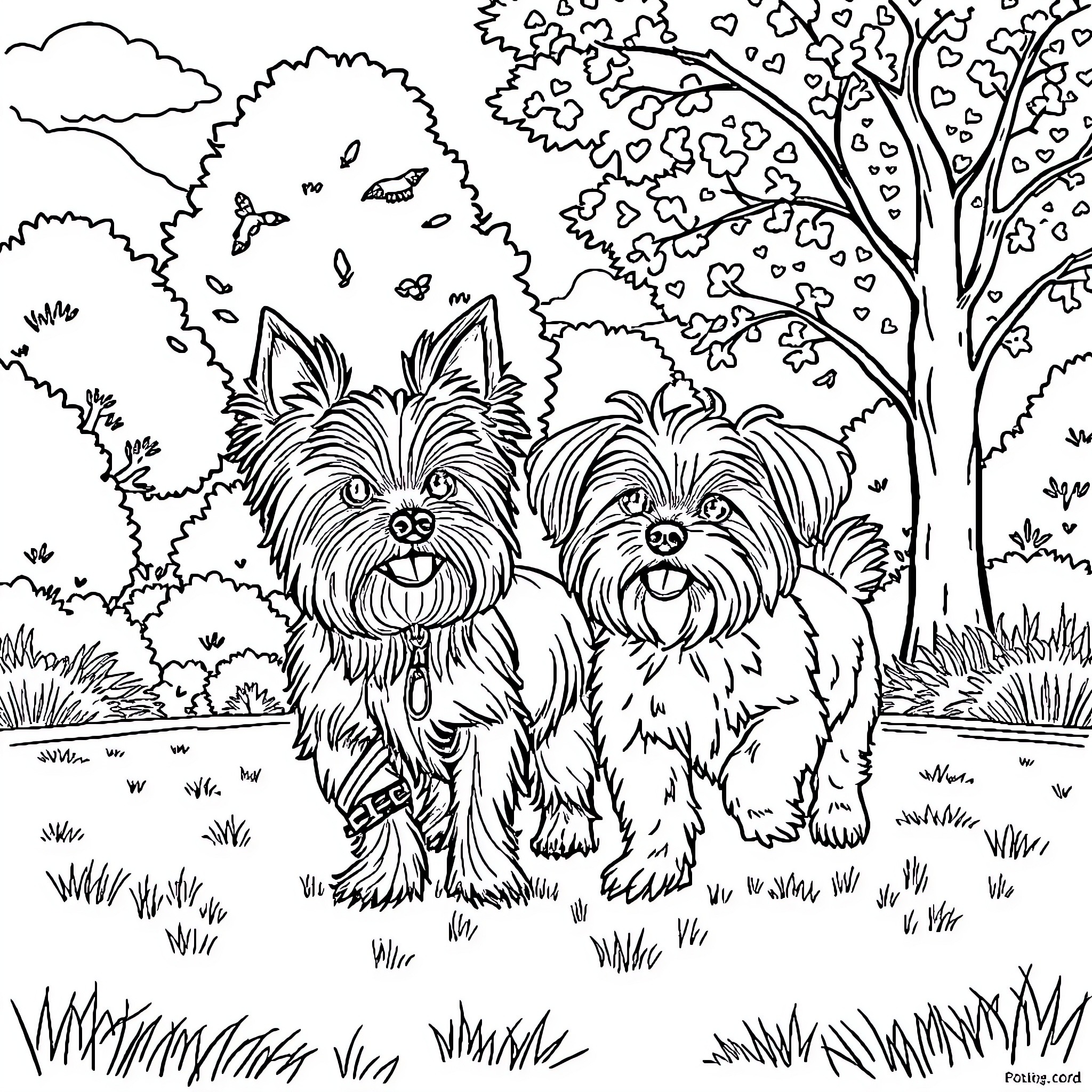 Dog Friends Exploring in the Park Coloring Page (free black-and-white line drawing printable PDF for all, from beginners to advanced learners, including children, teens, adults, and seniors)