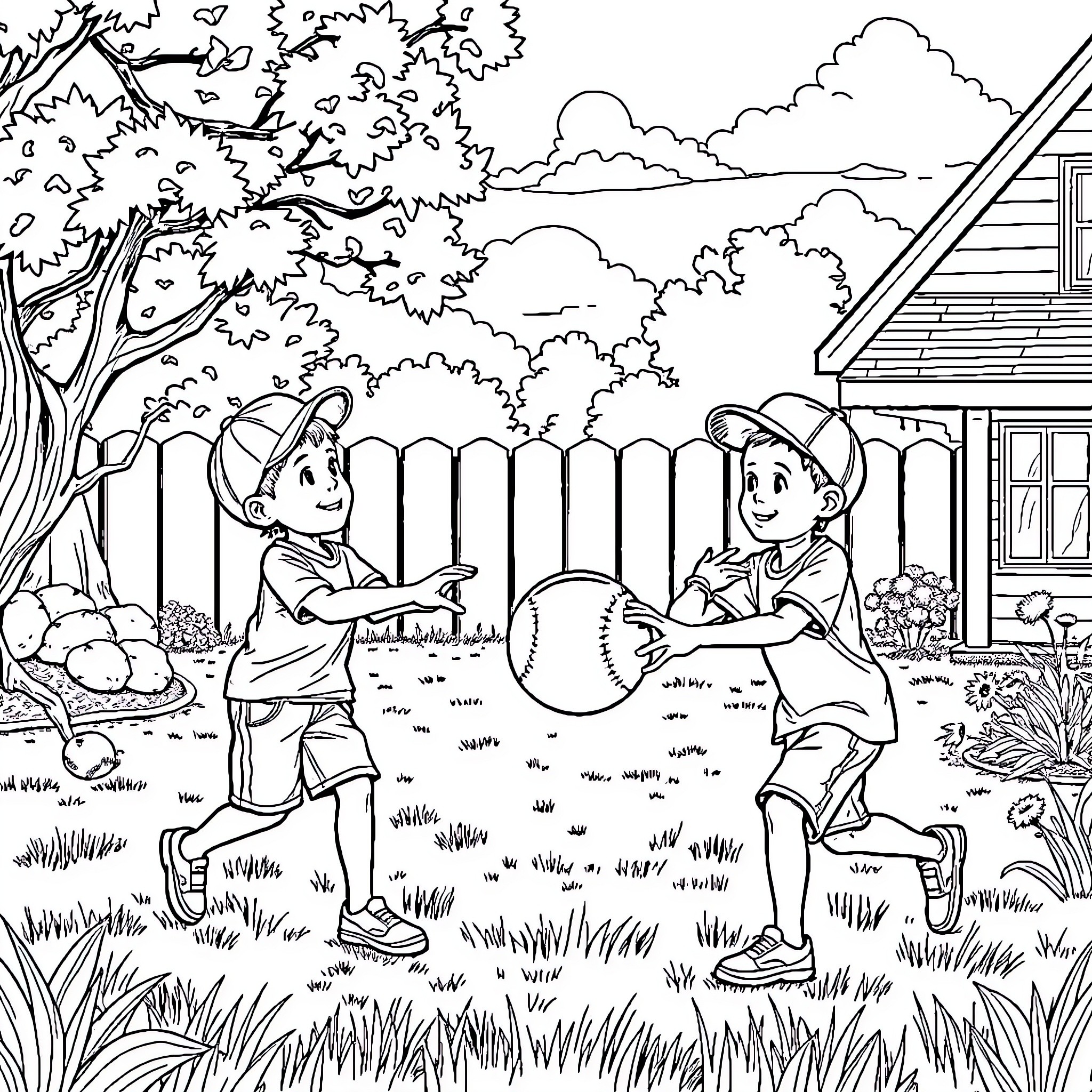 Brothers playing catch in the backyard Coloring Page (free black-and-white line drawing printable PDF for all, from beginners to advanced learners, including children, teens, adults, and seniors)