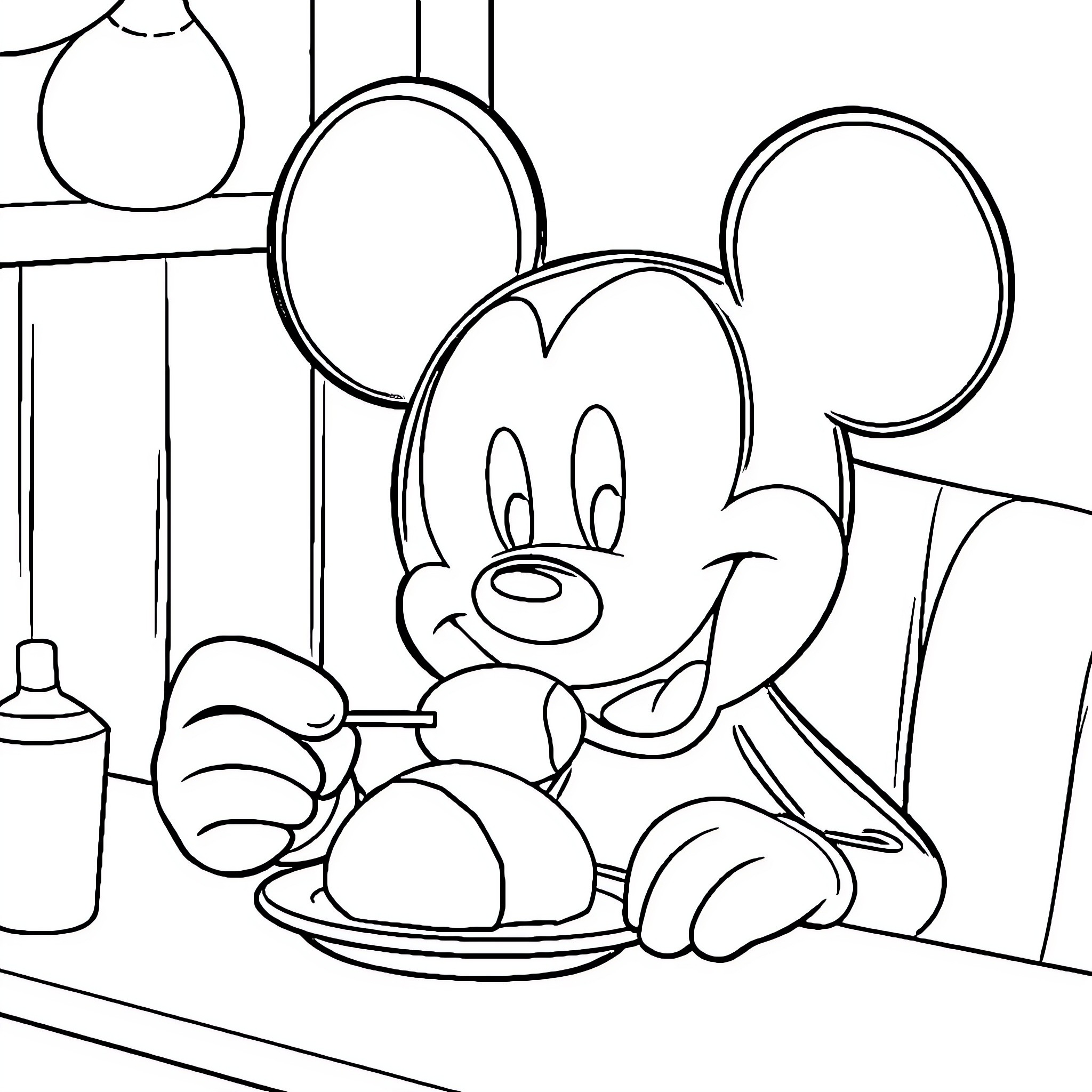 Mickey Mouse cooking and preparing food Coloring Page (free black-and-white line drawing printable PDF for all, from beginners to advanced learners, including children, teens, adults, and seniors)