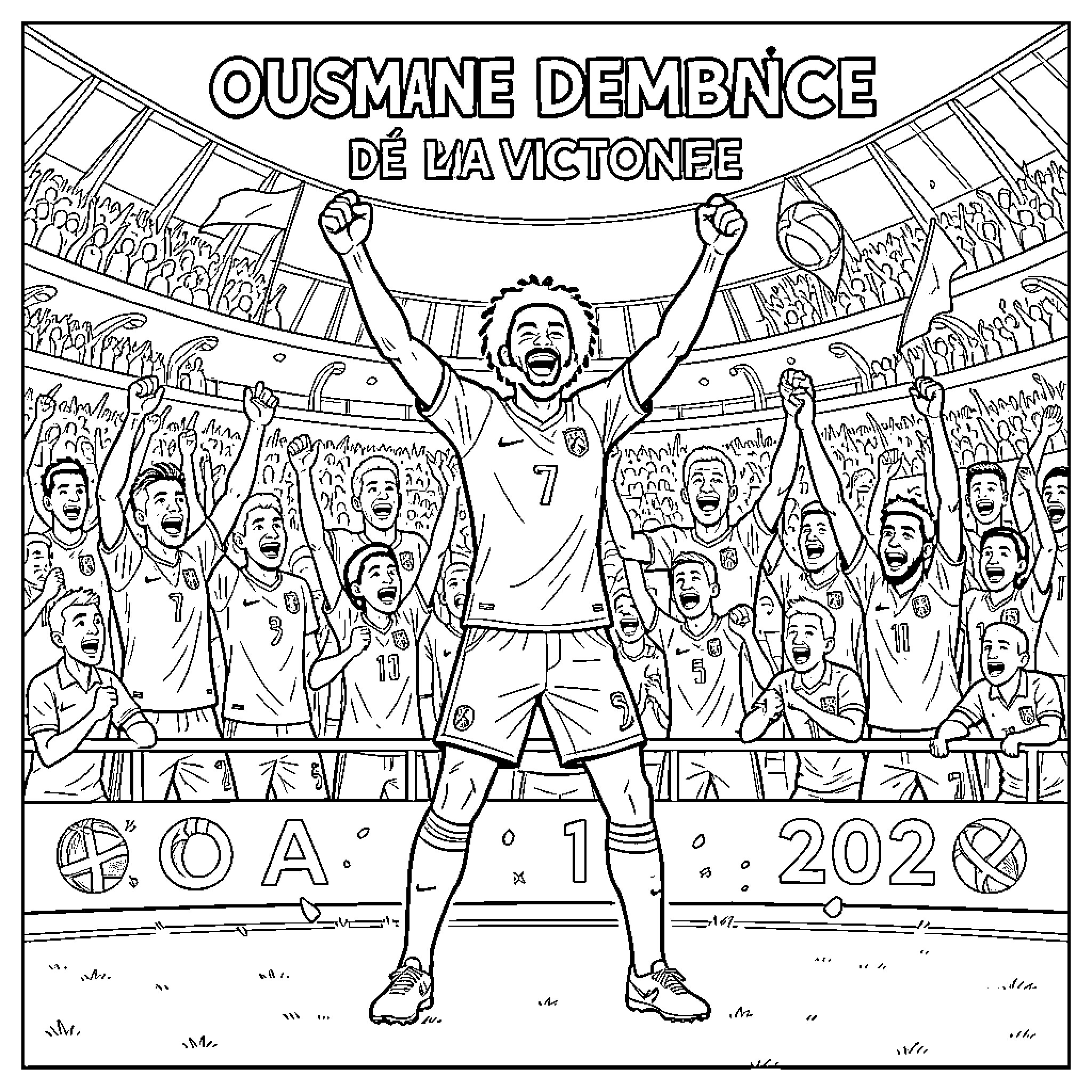 Ousmane Dembélé celebrating a victory with cheering fans Coloring Page (free black-and-white line drawing printable PDF for all, from beginners to advanced learners, including children, teens, adults, and seniors)