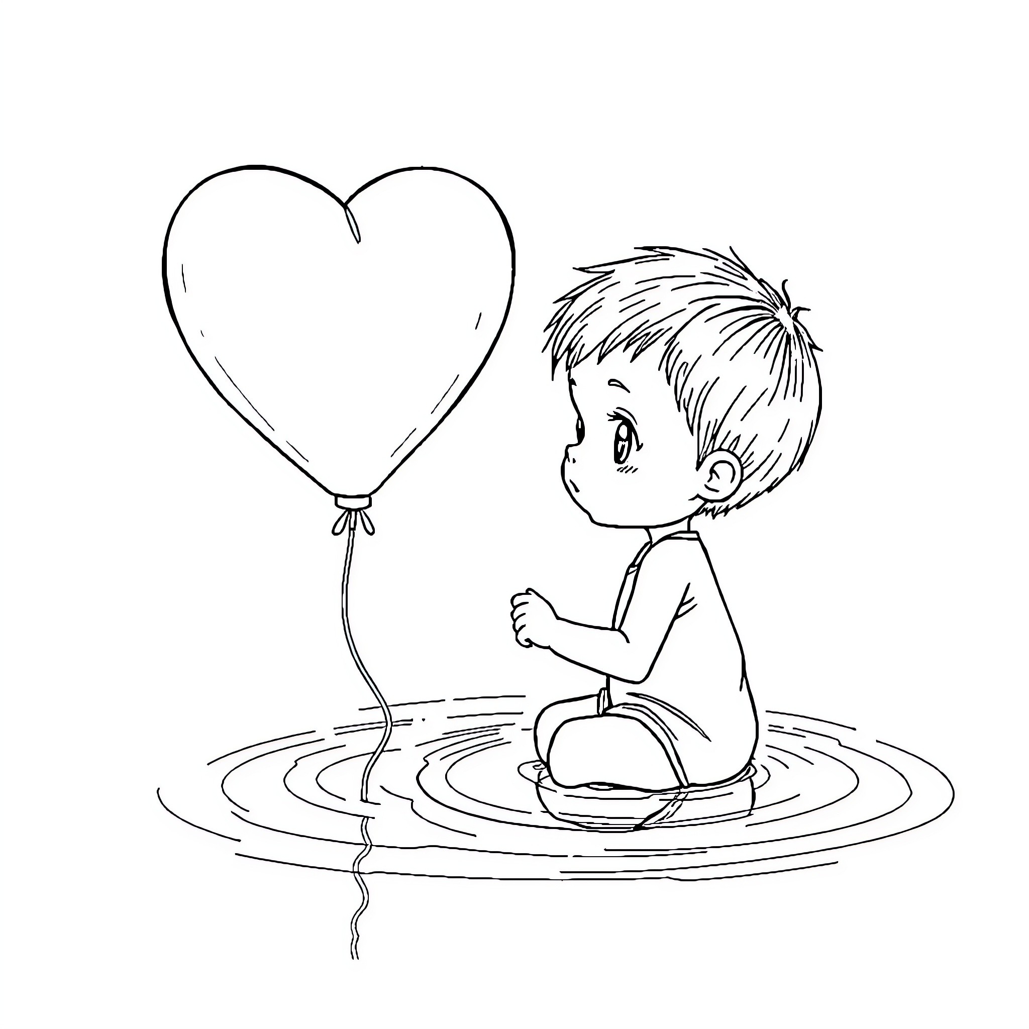 Child playing with heart-shaped balloon Coloring Page (free black-and-white line drawing printable PDF for all, from beginners to advanced learners, including children, teens, adults, and seniors)