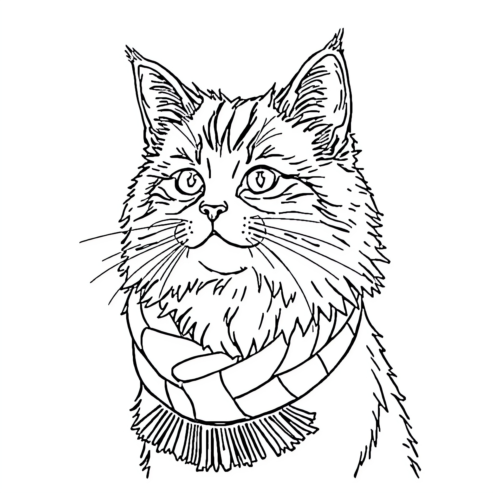 Cat wearing a scarf and looking intently Coloring Page (free black-and-white line drawing printable PDF for all, from beginners to advanced learners, including children, teens, adults, and seniors)