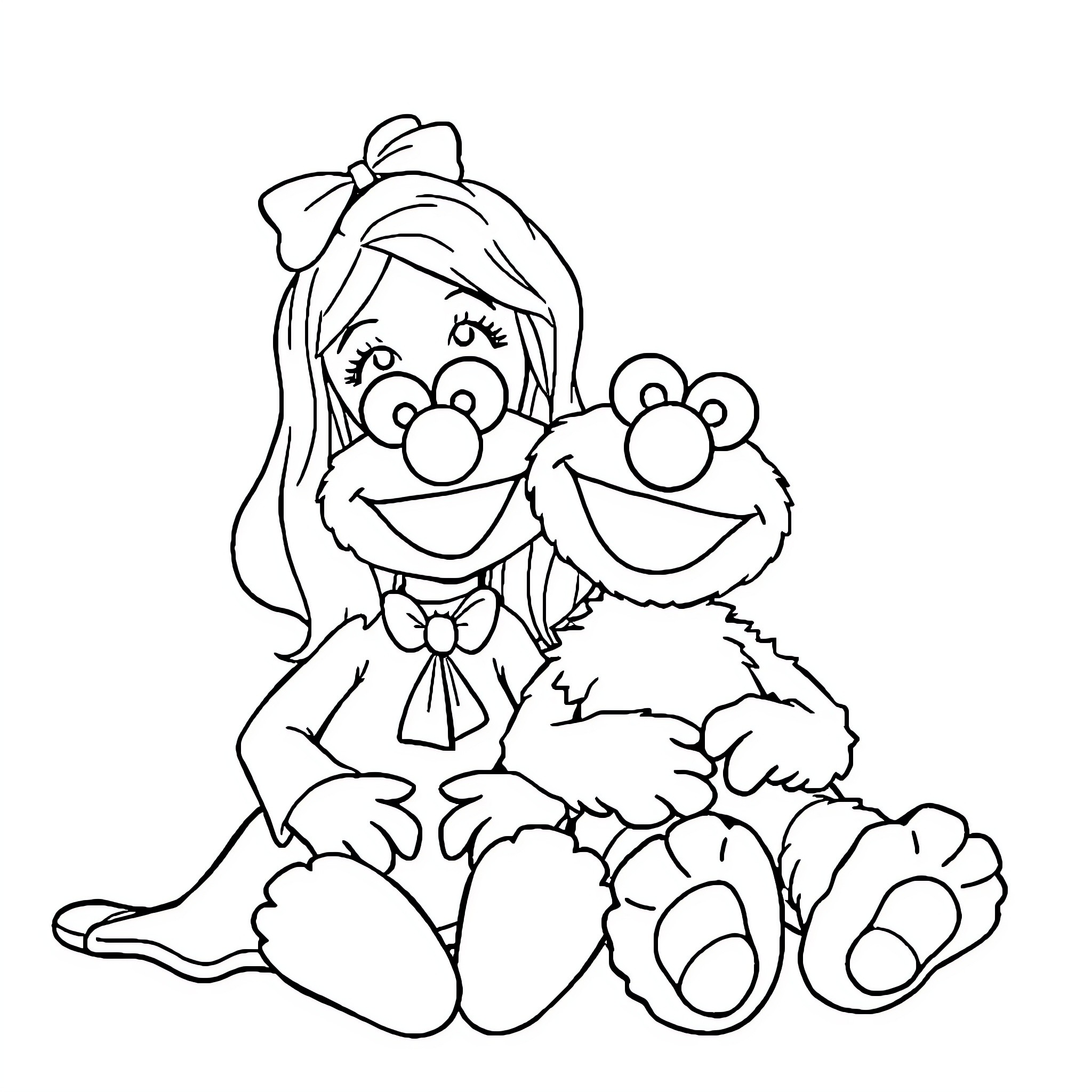 Miss Rachel playing happily with Elmo Coloring Page (free black-and-white line drawing printable PDF for all, from beginners to advanced learners, including children, teens, adults, and seniors)