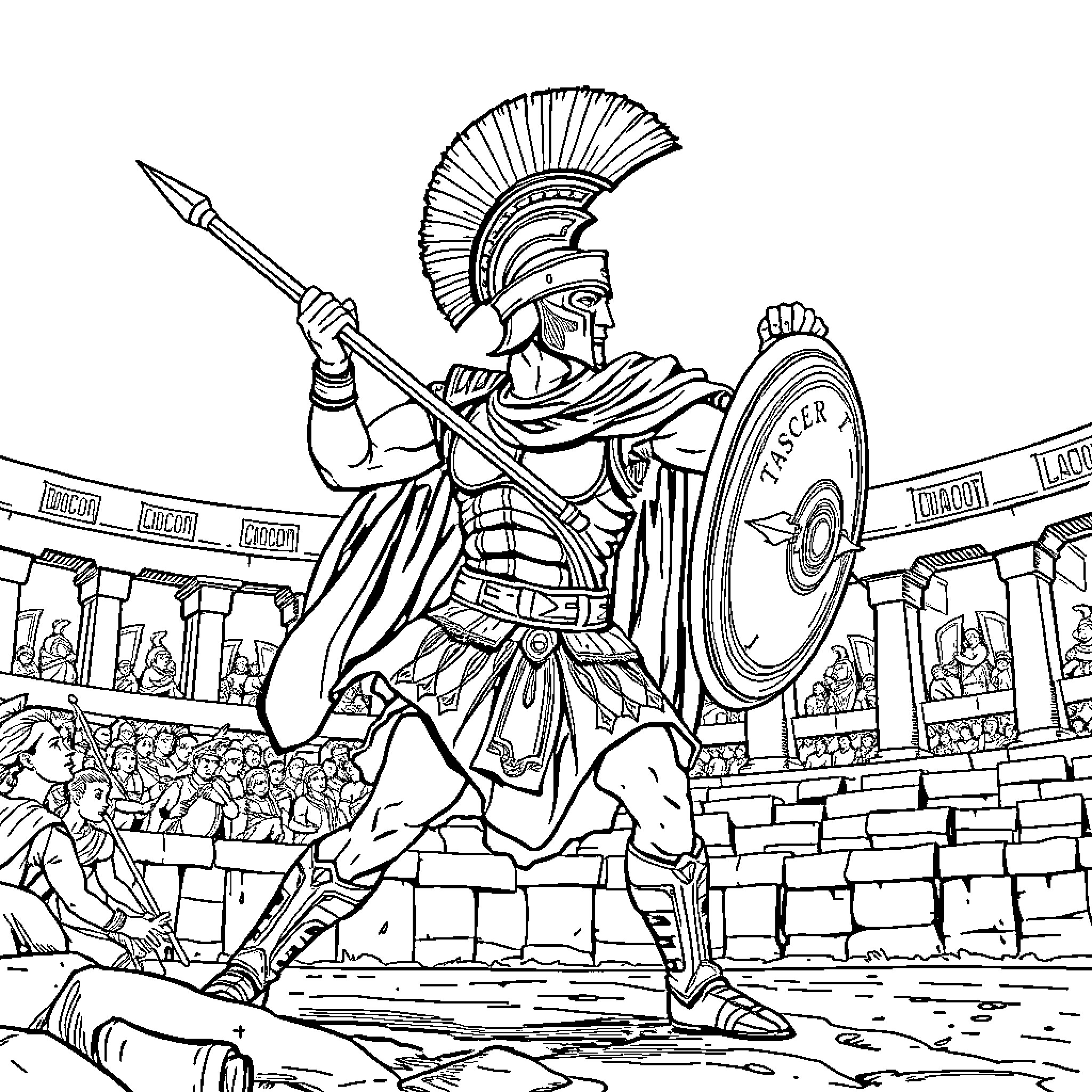 Spartan warrior in combat with spear and shield Coloring Page (free black-and-white line drawing printable PDF for all, from beginners to advanced learners, including children, teens, adults, and seniors)
