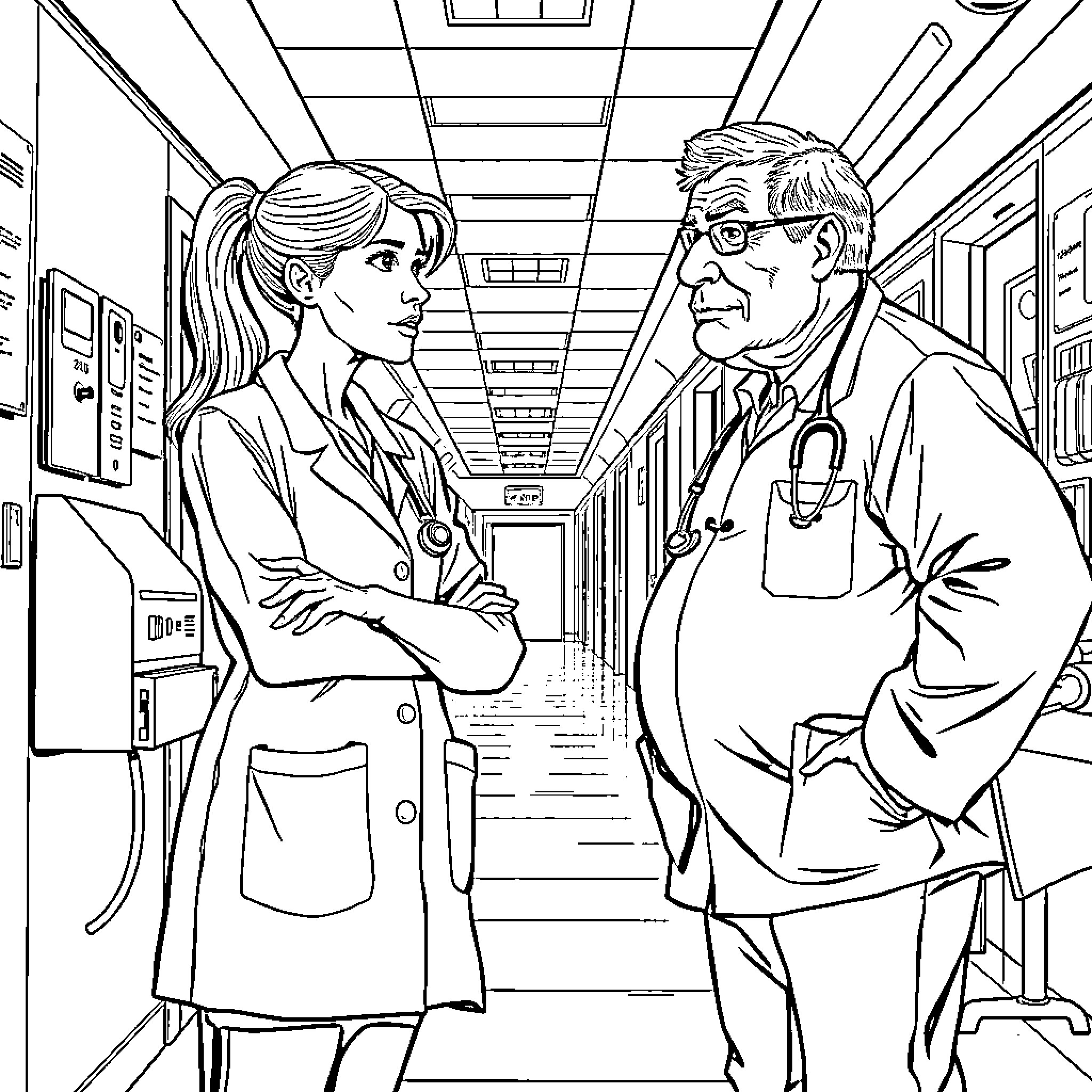 Doctor Discussing Medical Matters with Colleague in Hospital Corridor Coloring Page (free black-and-white line drawing printable PDF for all, from beginners to advanced learners, including children, teens, adults, and seniors)