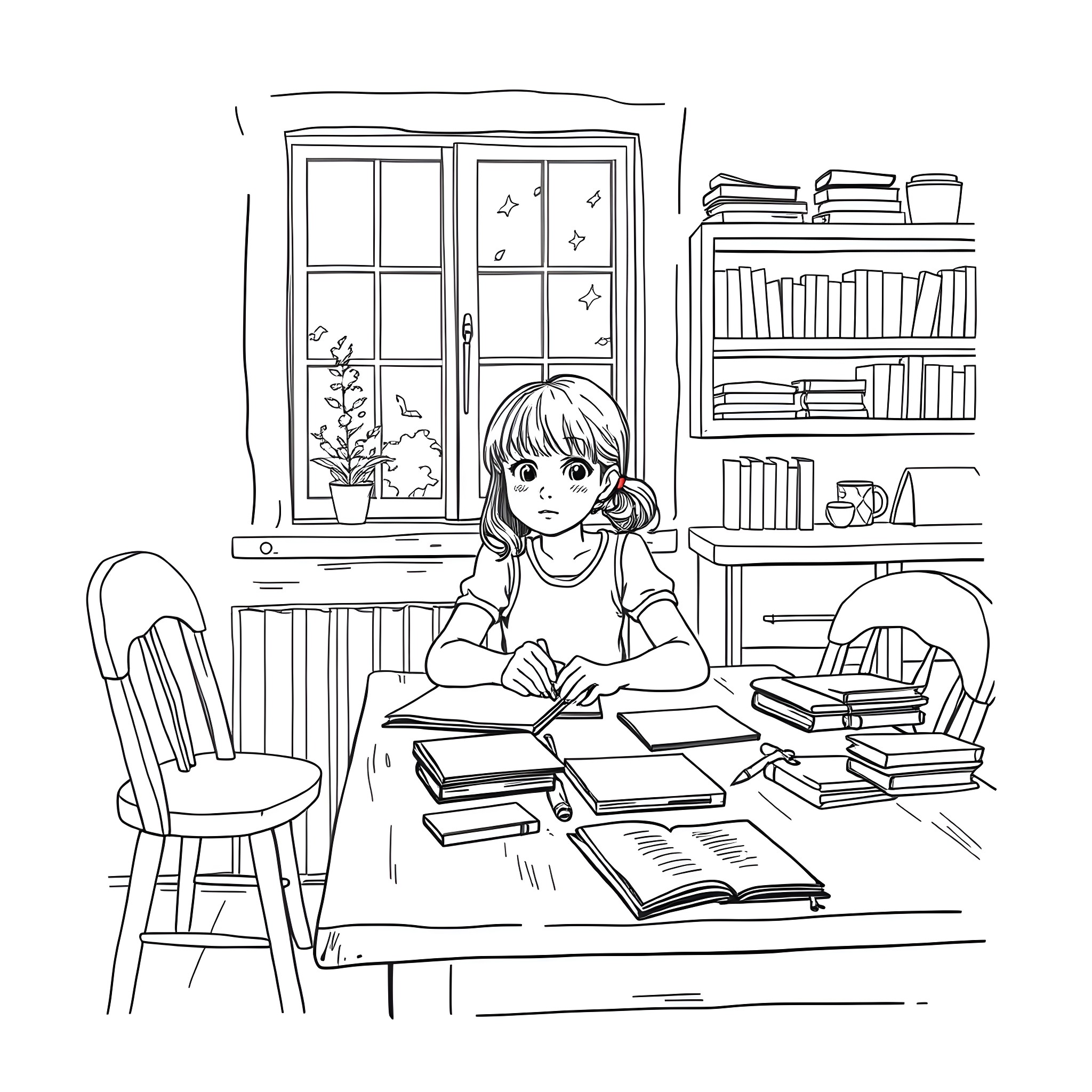 Girl studying diligently in her cozy home library Coloring Page (free black-and-white line drawing printable PDF for all, from beginners to advanced learners, including children, teens, adults, and seniors)
