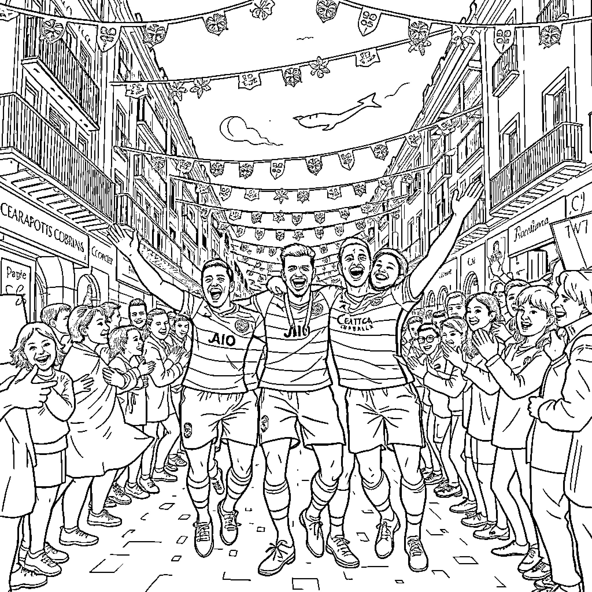 Celtic Football Club players celebrated by enthusiastic crowd Coloring Page (free black-and-white line drawing printable PDF for all, from beginners to advanced learners, including children, teens, adults, and seniors)