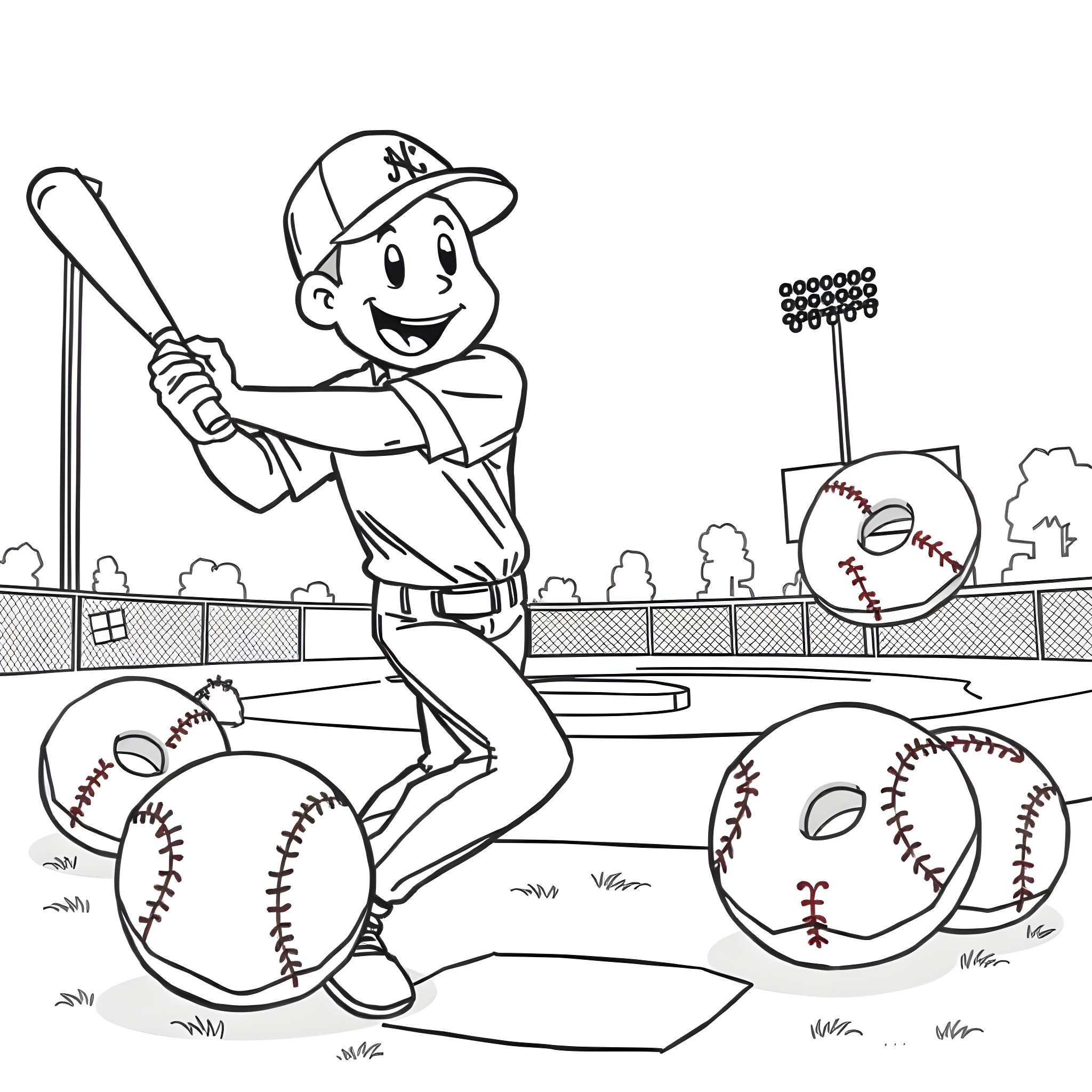Baseball player batting on the field Coloring Page (free black-and-white line drawing printable PDF for all, from beginners to advanced learners, including children, teens, adults, and seniors)