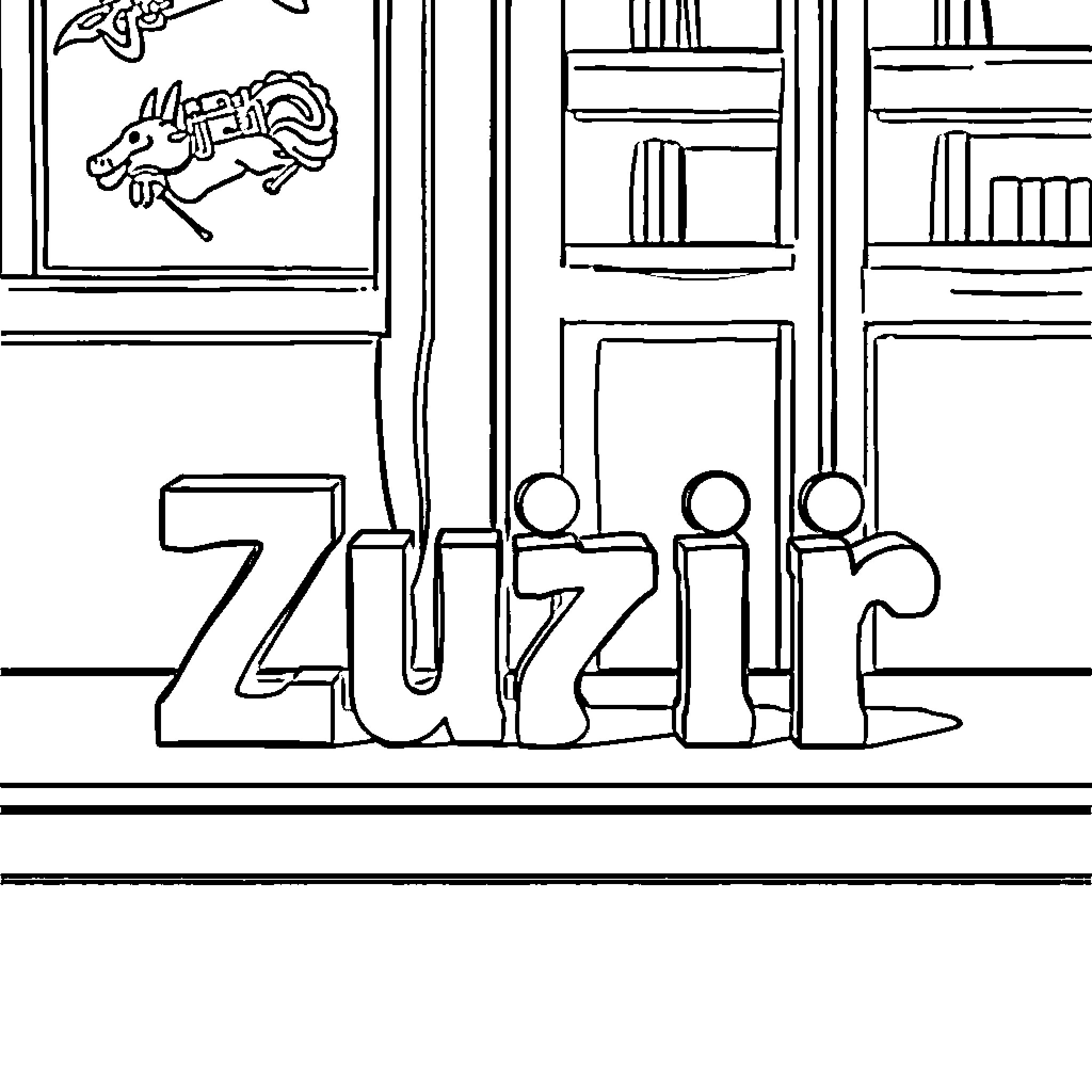 Zuzir enjoying a playful book display Coloring Page (free black-and-white line drawing printable PDF for all, from beginners to advanced learners, including children, teens, adults, and seniors)