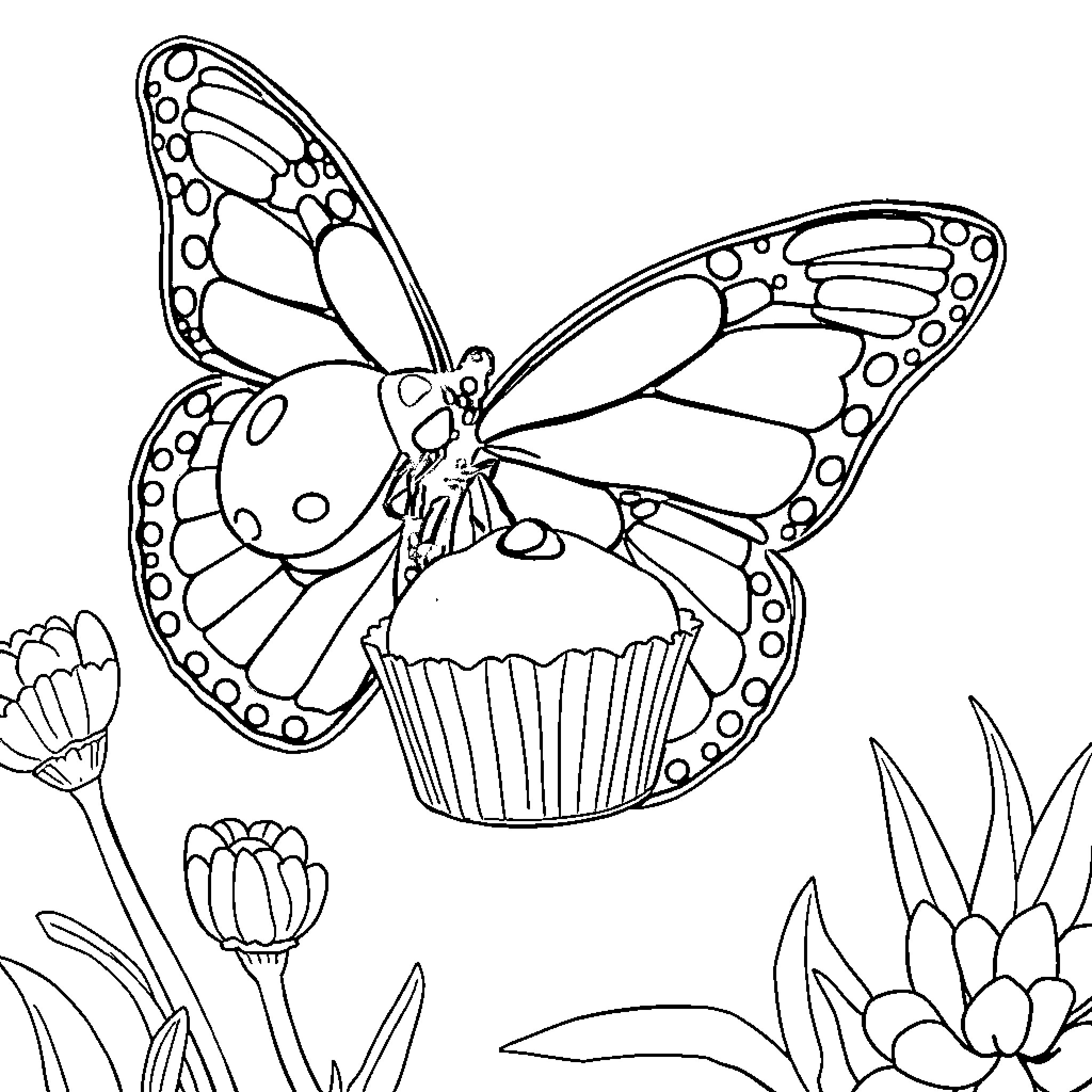 Ladybird butterfly resting on a cupcake Coloring Page (free black-and-white line drawing printable PDF for all, from beginners to advanced learners, including children, teens, adults, and seniors)
