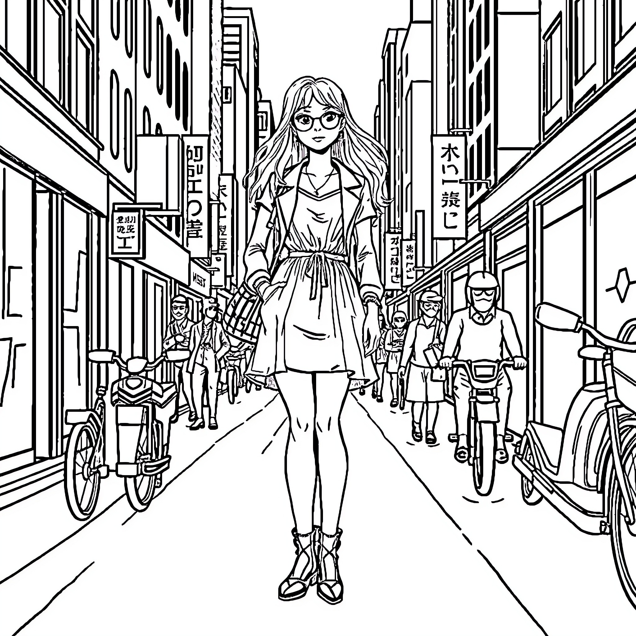 Girl exploring lively urban city street Coloring Page (free black-and-white line drawing printable PDF for all, from beginners to advanced learners, including children, teens, adults, and seniors)