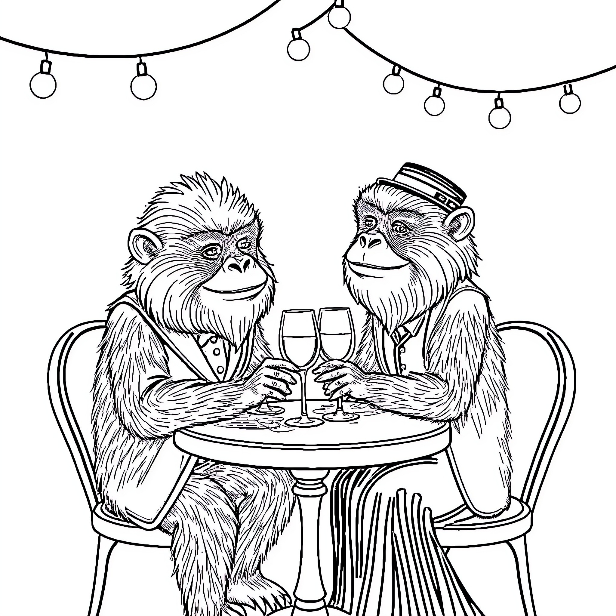 Sasquatch friends enjoying drinks under the lights Coloring Page (free black-and-white line drawing printable PDF for all, from beginners to advanced learners, including children, teens, adults, and seniors)