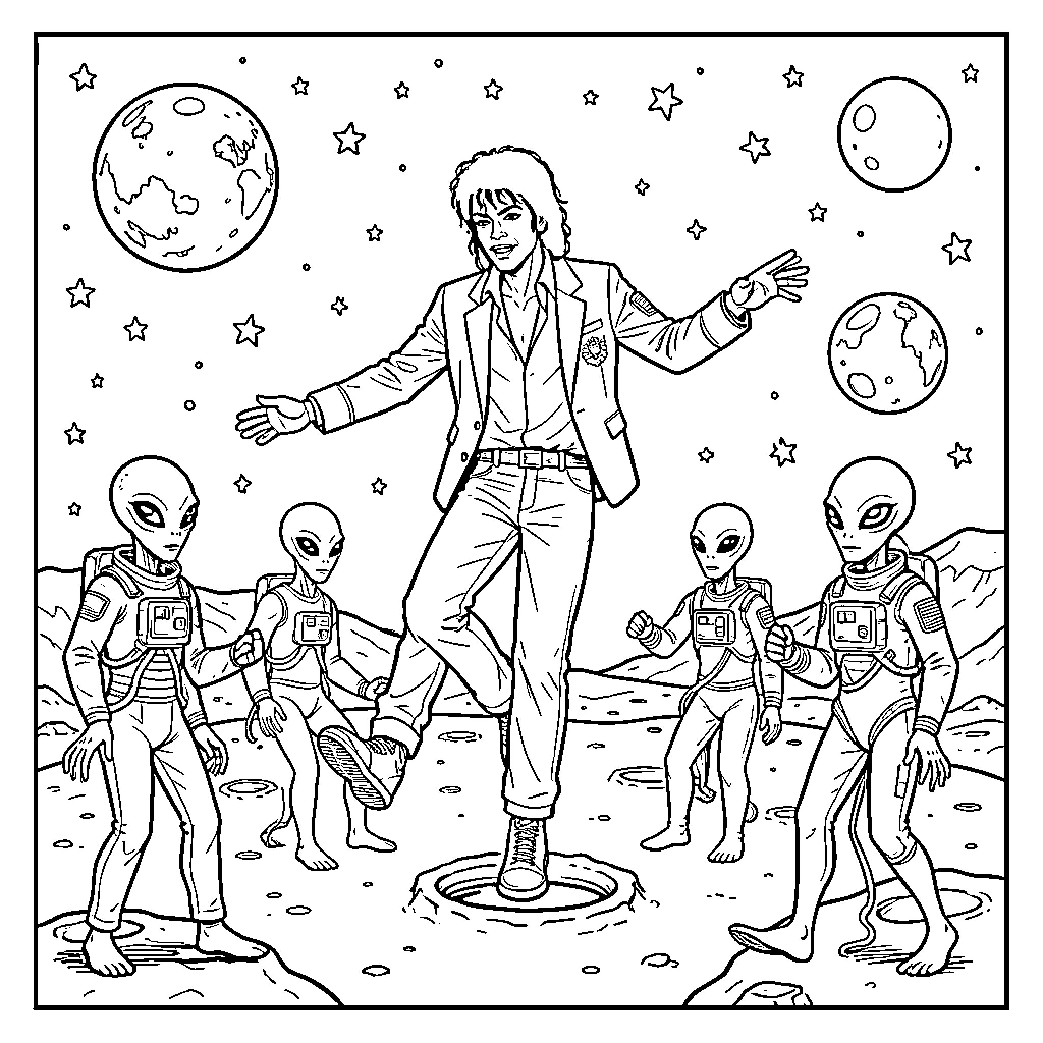 Michael Jackson dancing among aliens on the moon Coloring Page (free black-and-white line drawing printable PDF for all, from beginners to advanced learners, including children, teens, adults, and seniors)
