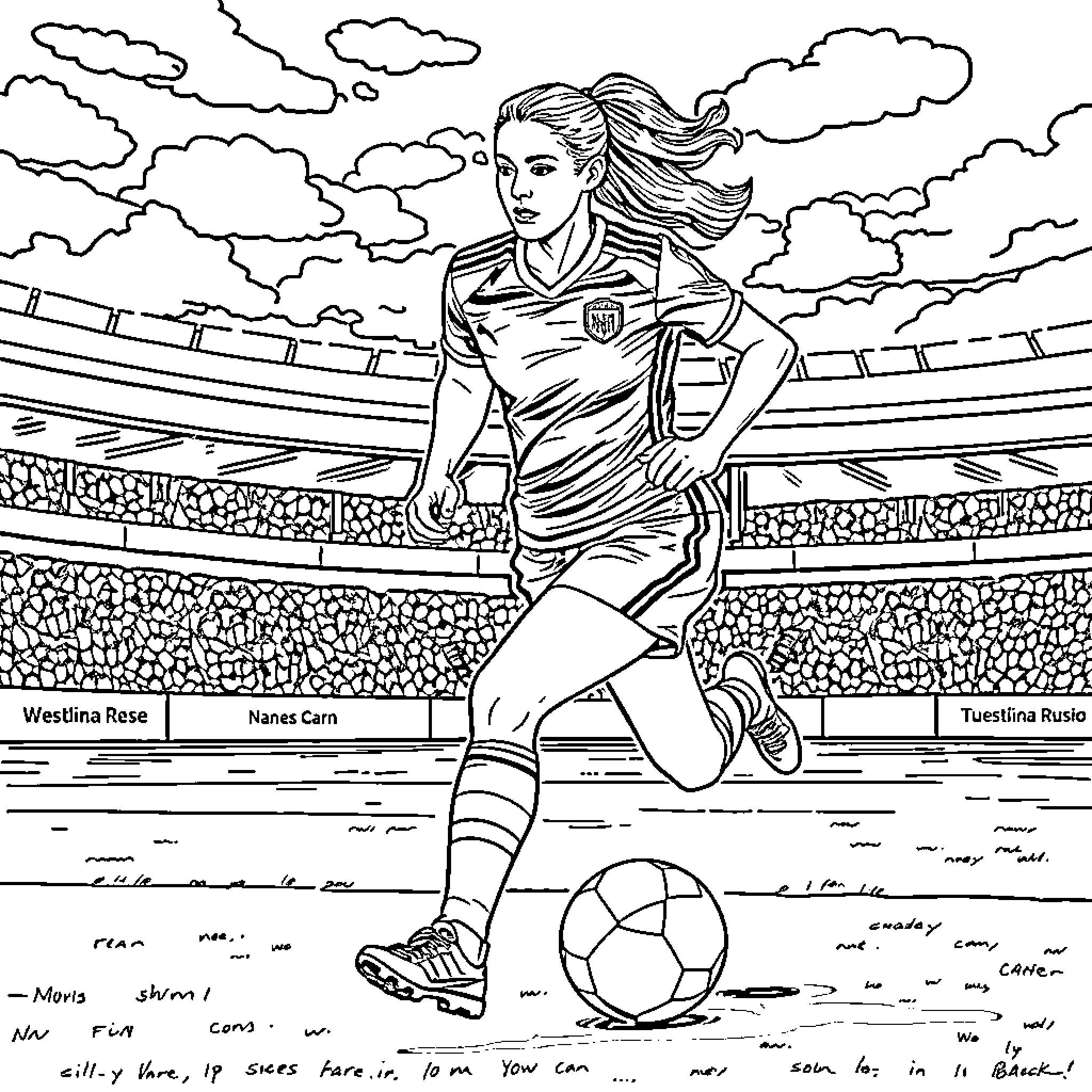 Alessia Russo playing soccer on the field Coloring Page (free black-and-white line drawing printable PDF for all, from beginners to advanced learners, including children, teens, adults, and seniors)