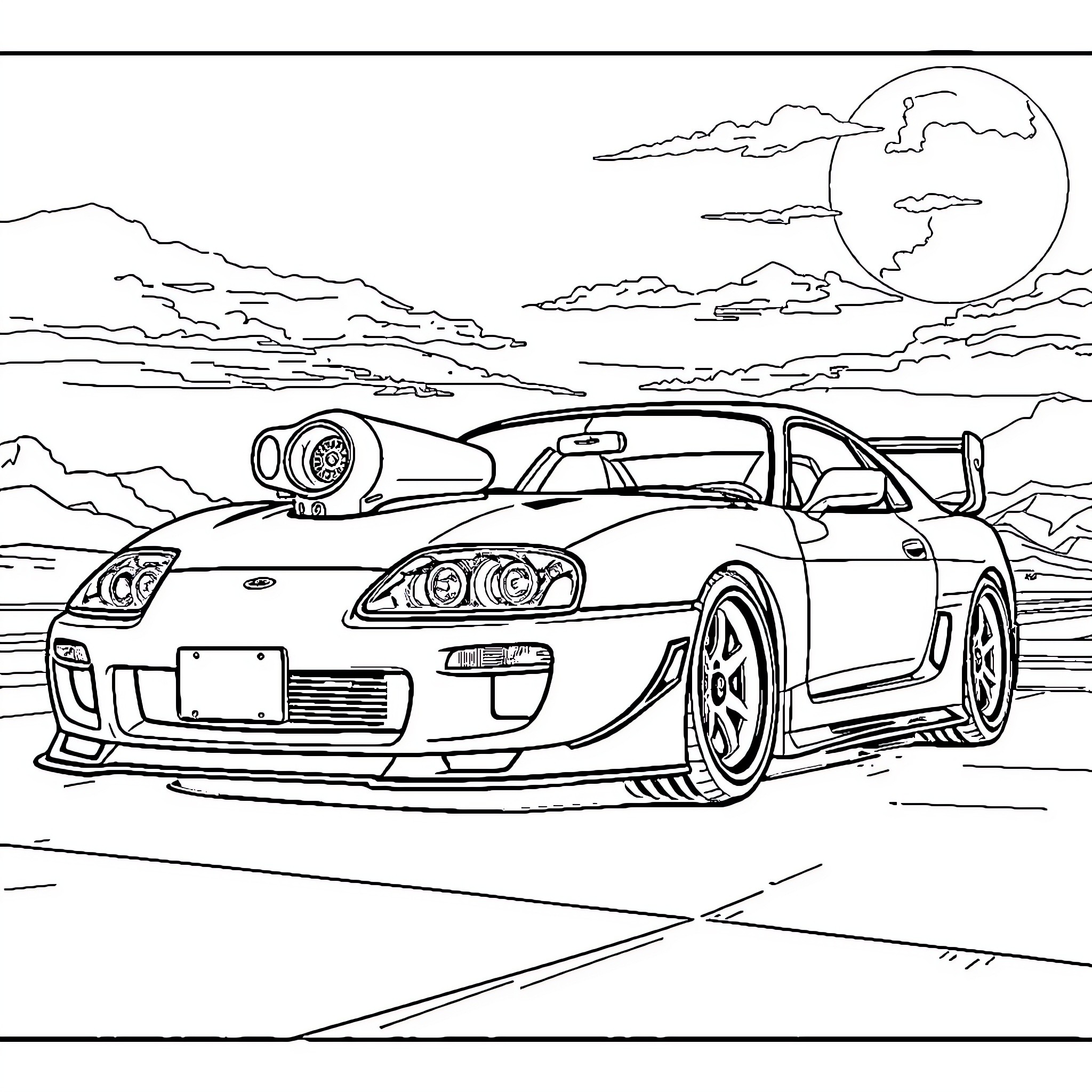 Supra racing in the moonlight Coloring Page (free black-and-white line drawing printable PDF for all, from beginners to advanced learners, including children, teens, adults, and seniors)
