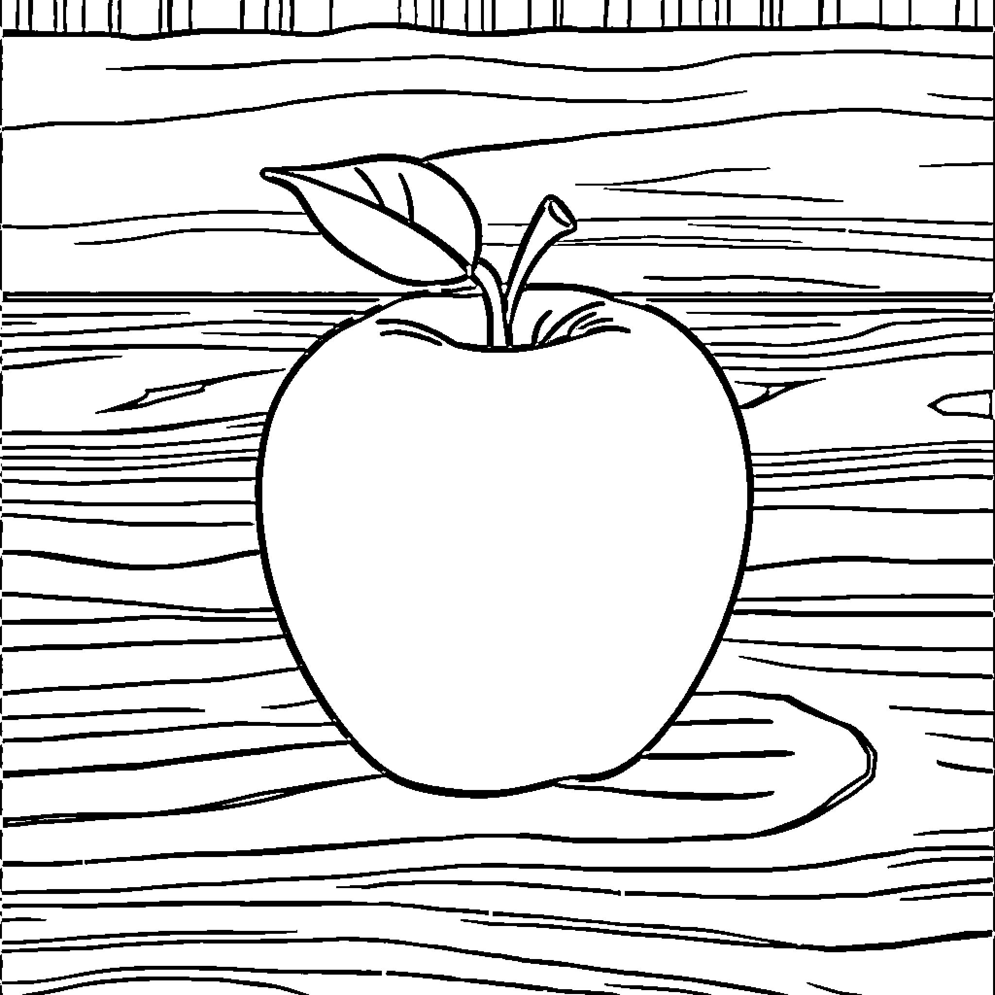 Apple on Wooden Background Coloring Page (free black-and-white line drawing printable PDF for all, from beginners to advanced learners, including children, teens, adults, and seniors)