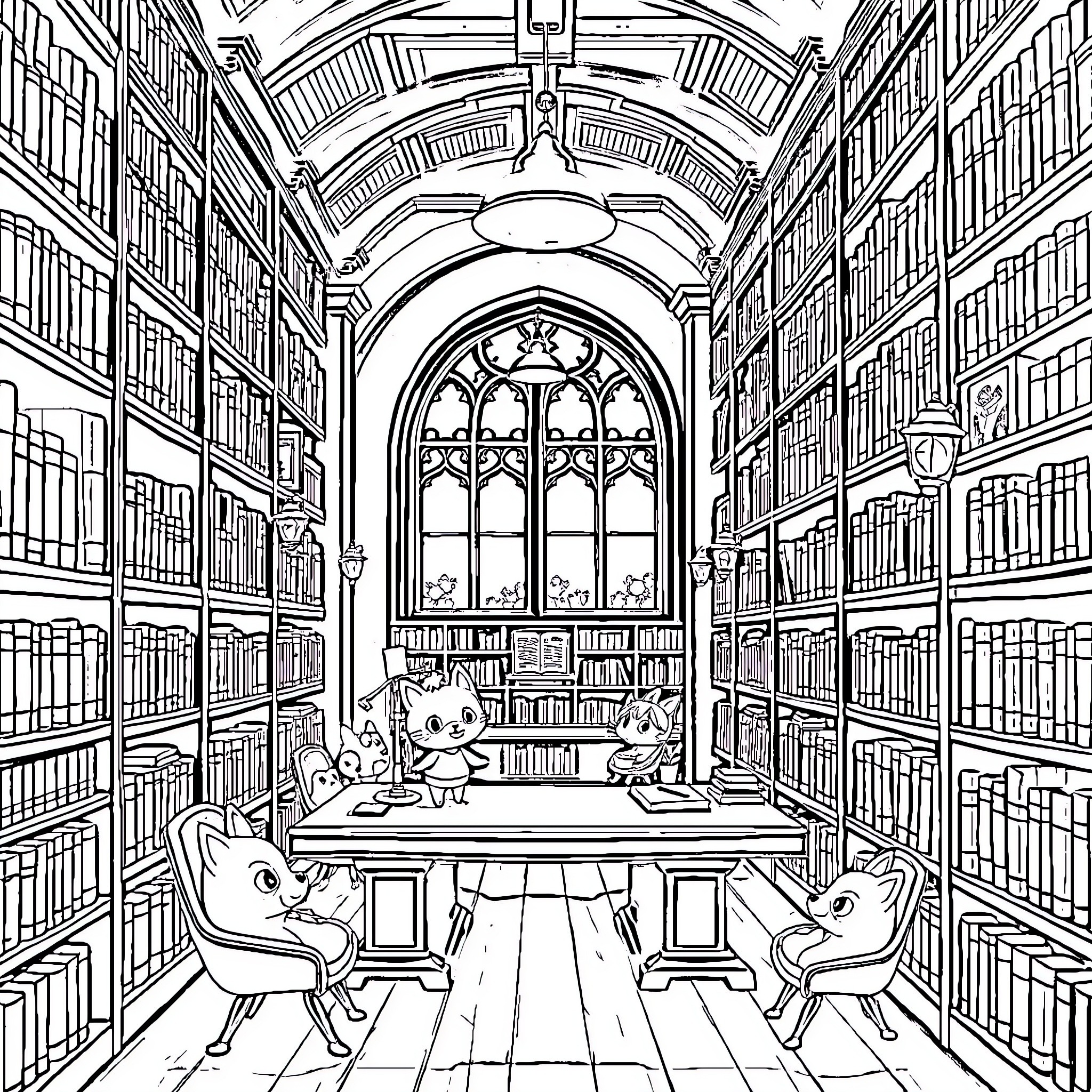 Library of Books and Whimsical Creatures Coloring Page (free black-and-white line drawing printable PDF for all, from beginners to advanced learners, including children, teens, adults, and seniors)