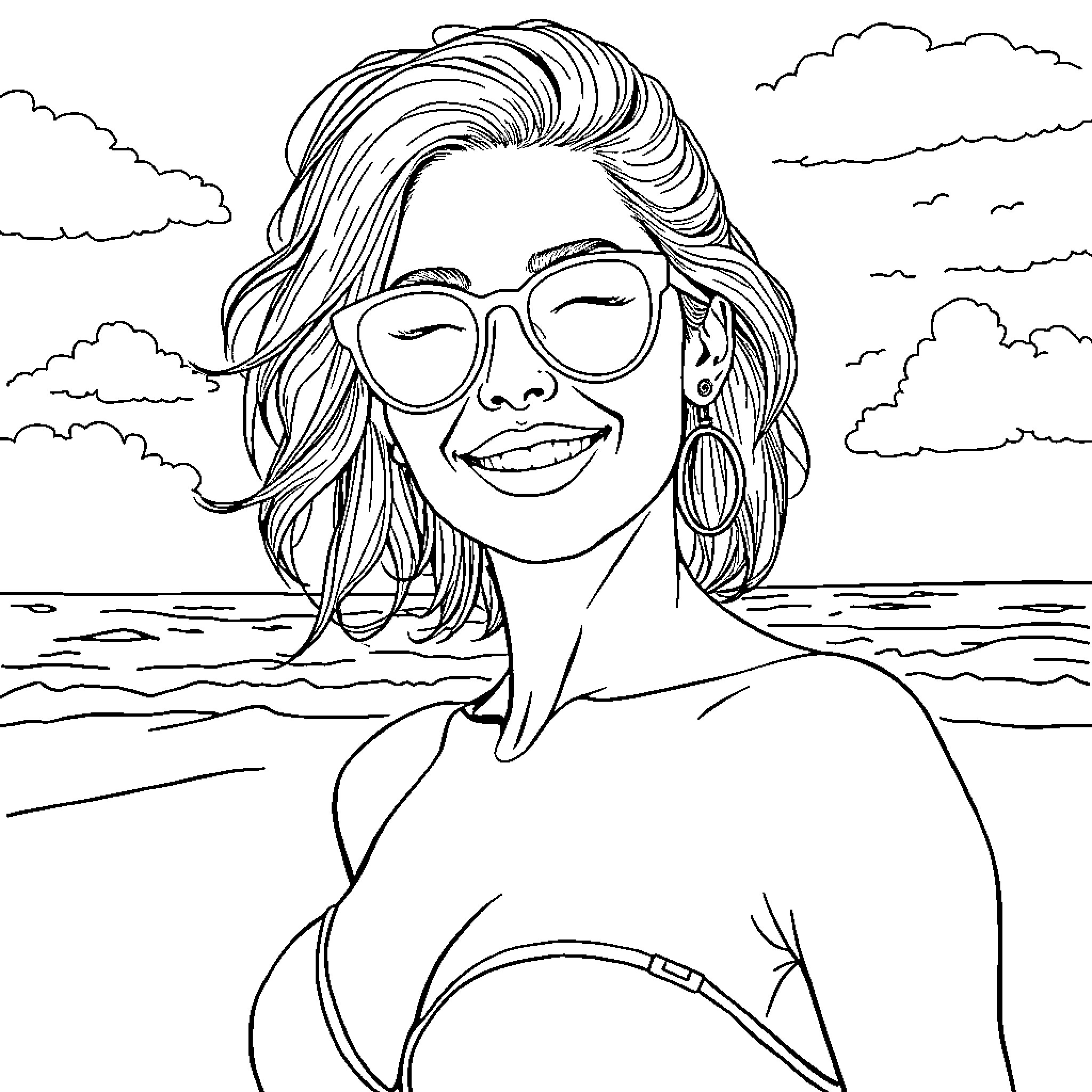 Woman enjoying a day at the beach Coloring Page (free black-and-white line drawing printable PDF for all, from beginners to advanced learners, including children, teens, adults, and seniors)