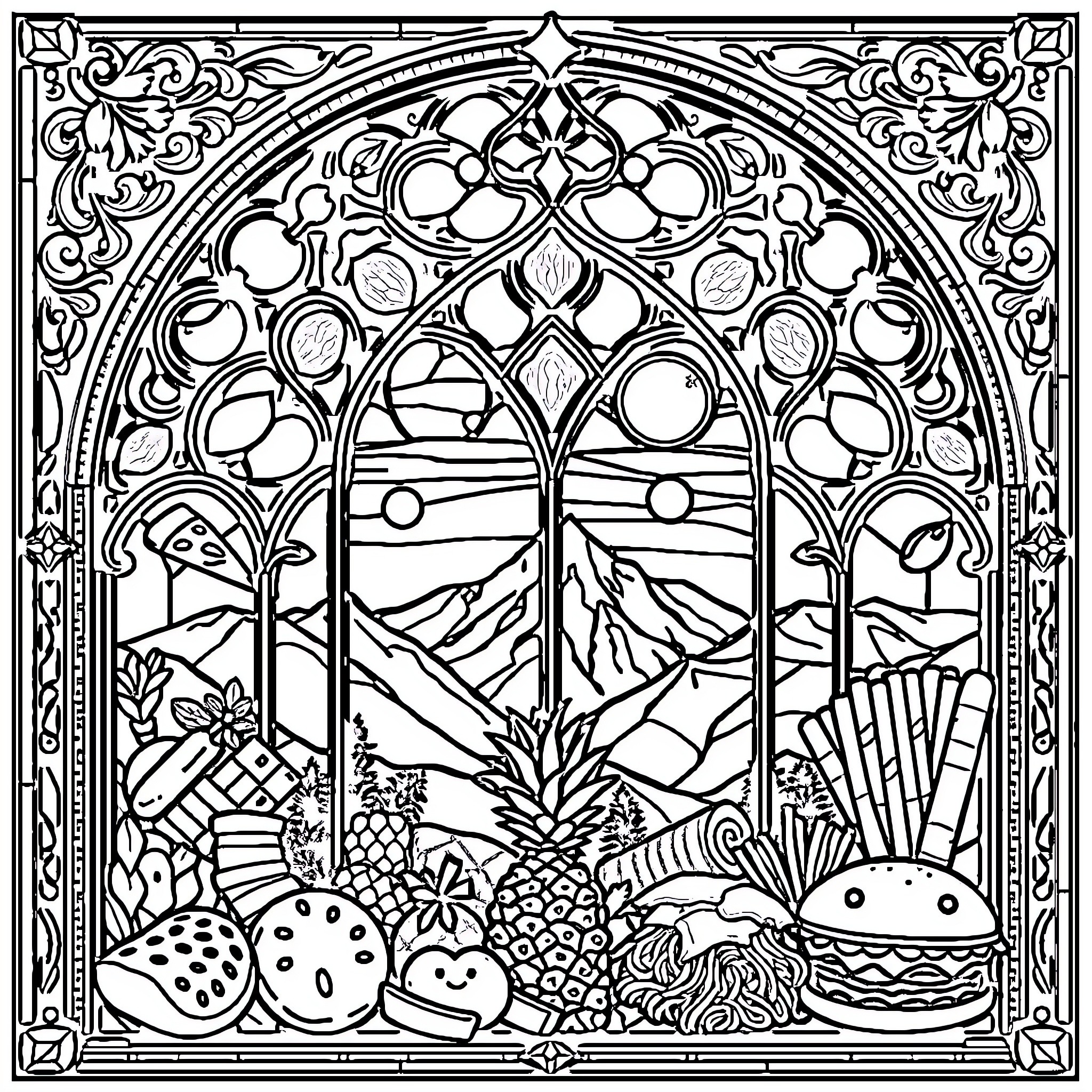 Stained Glass Window with Whimsical Botanical Landscape Coloring Page (free black-and-white line drawing printable PDF for all, from beginners to advanced learners, including children, teens, adults, and seniors)