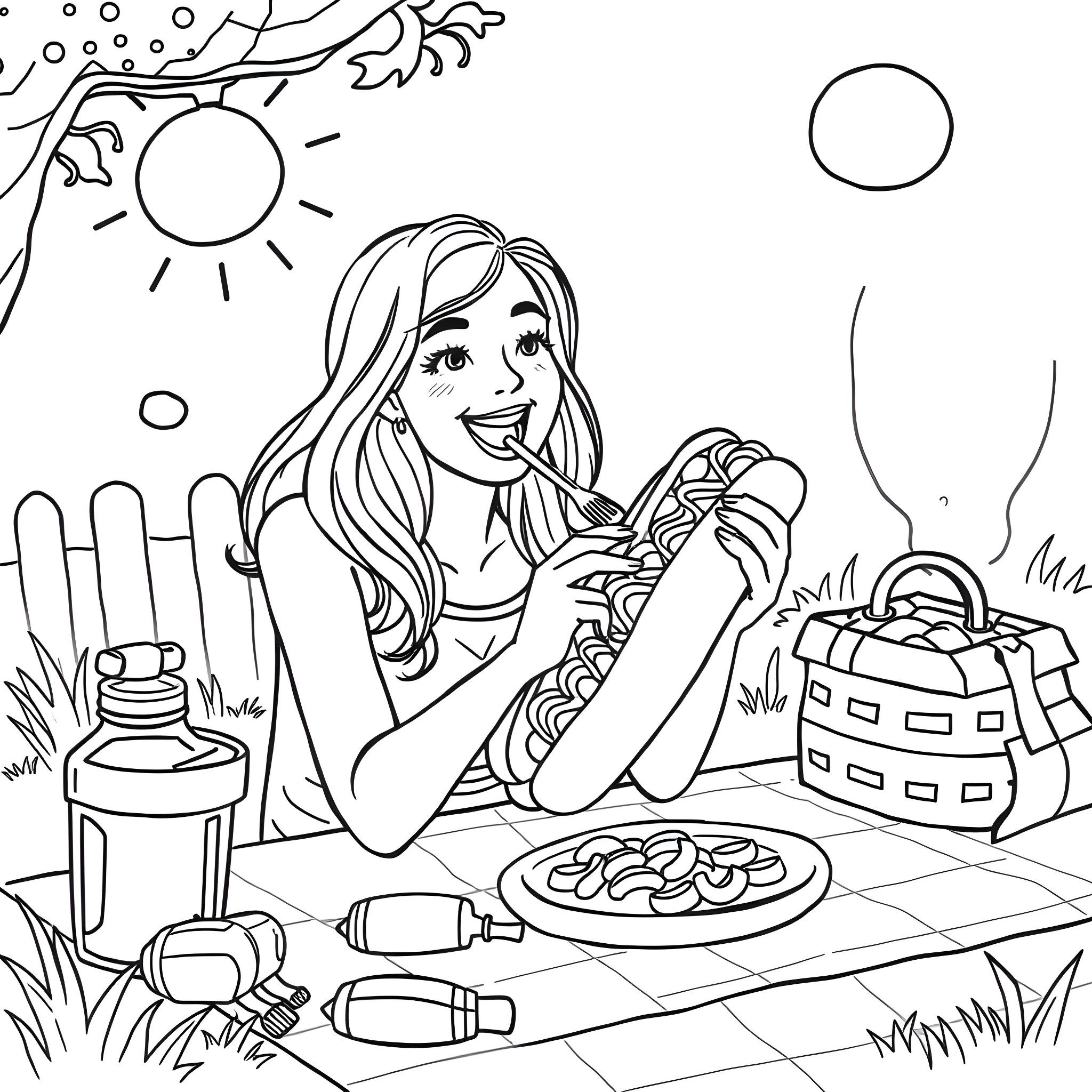 Woman enjoying a picnic in the park Coloring Page (free black-and-white line drawing printable PDF for all, from beginners to advanced learners, including children, teens, adults, and seniors)