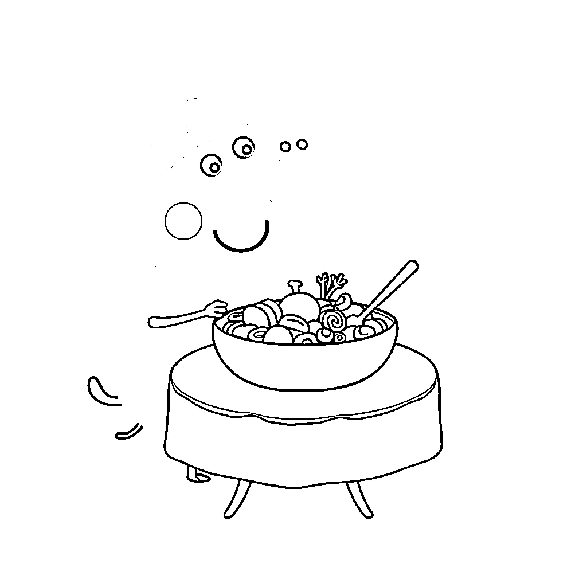 Peppa Pig cooking a tasty meal in the kitchen Coloring Page (free black-and-white line drawing printable PDF for all, from beginners to advanced learners, including children, teens, adults, and seniors)